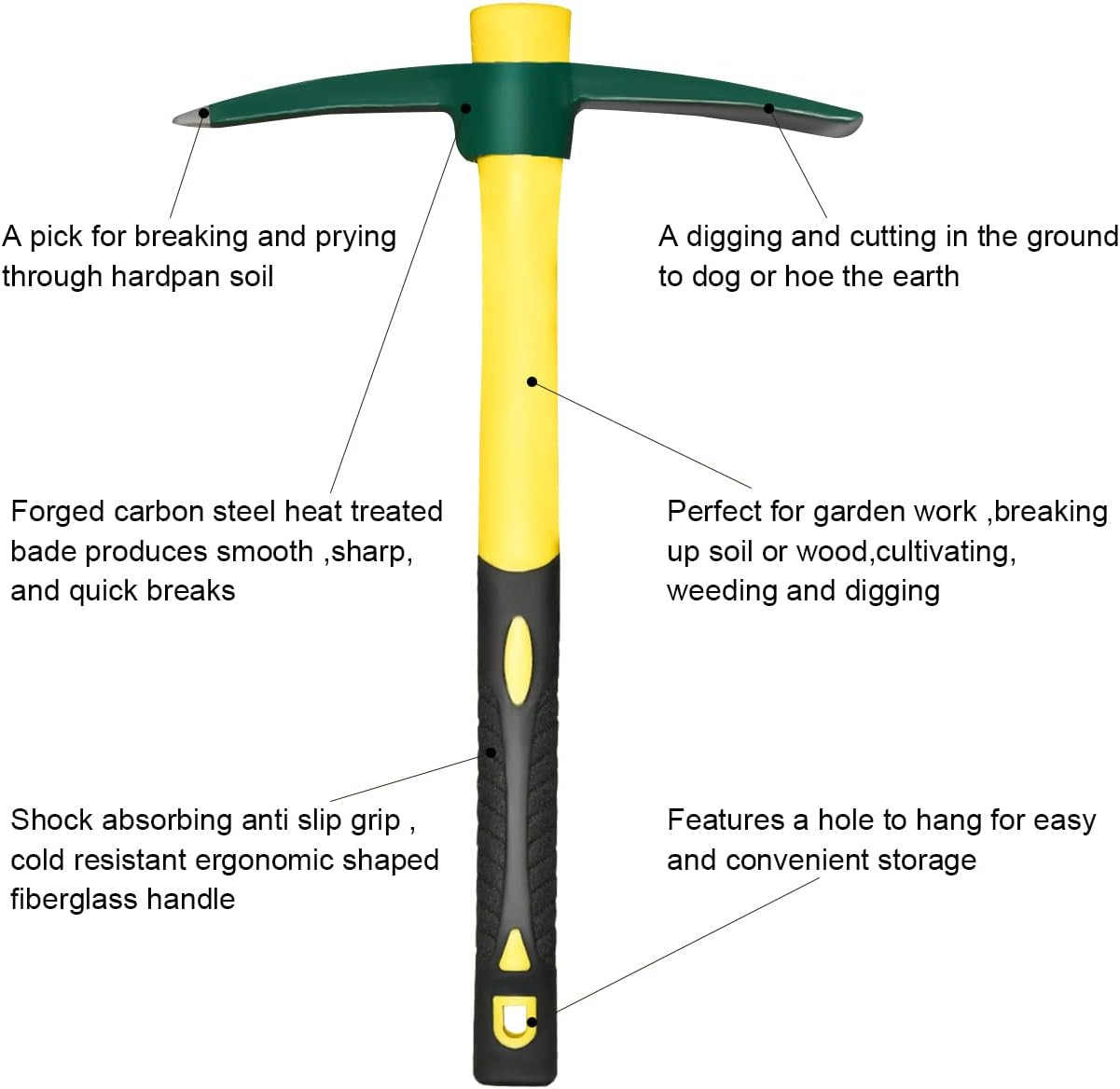 Forged Adze Pick, Weeding Mattock Hoe, Pick Axe 15-Inch, One Piece Intact Drop F