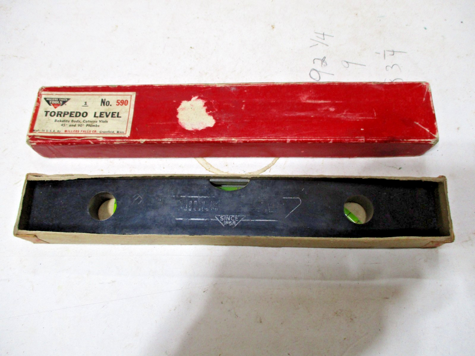 VINTAGE MILLERS FALLS NO 590 TORPEDO LEVEL 9″ – USA 45 & 90 DEGREE BUBBLES