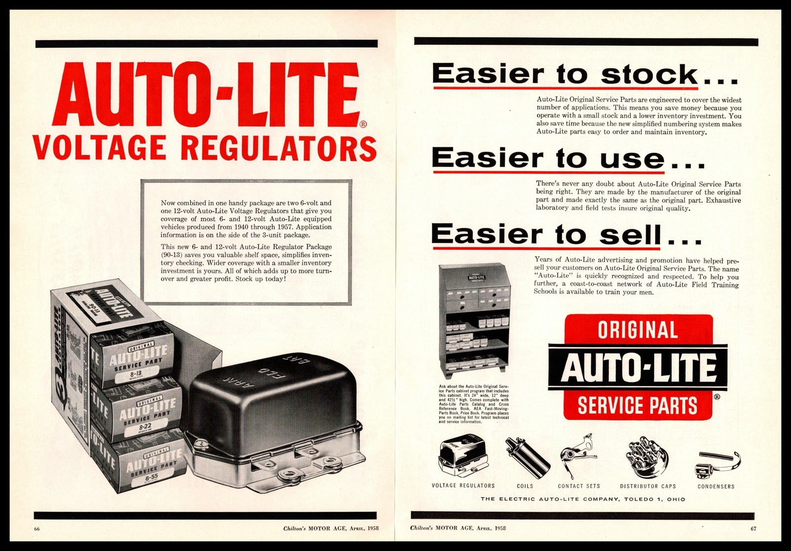 1958 Auto-Lite Service Parts Cabinet Voltage Regulators 2-Page Vintage Print Ad