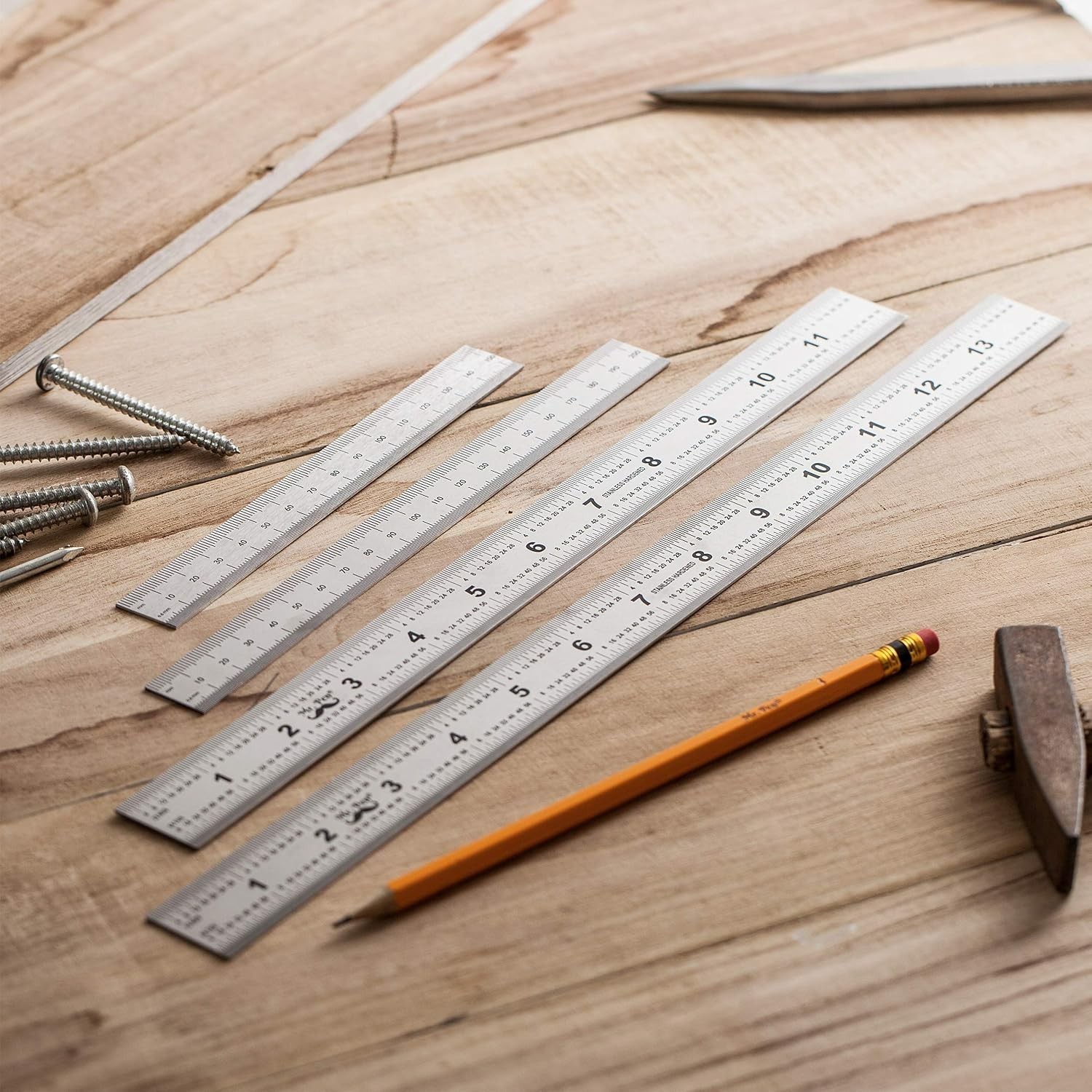Stainless Steel Ruler Set (4-Pack) – 6, 8, 12, 14 Inch with Dual Measures