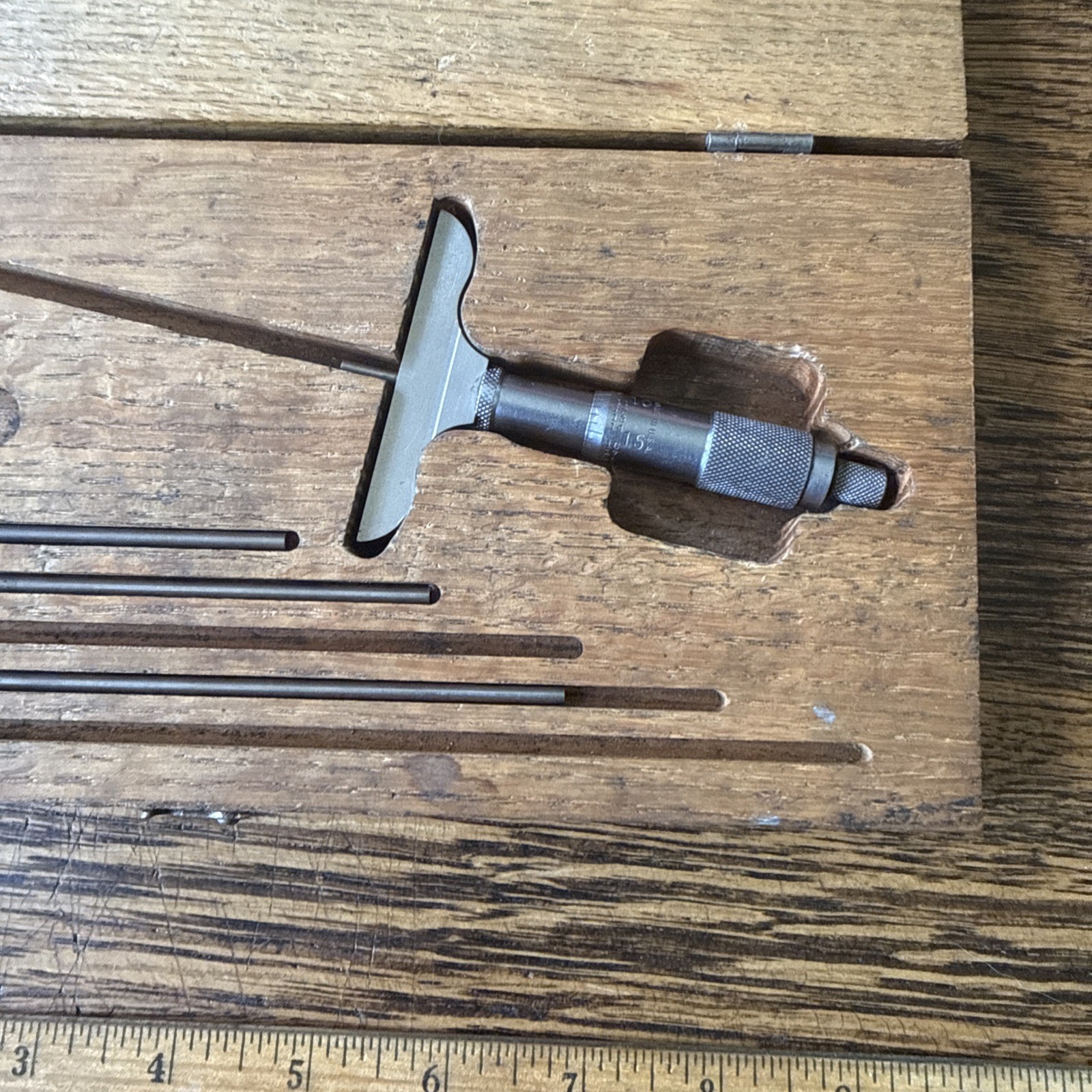 Vintage L.S. Starrett 440A Depth Gage In Wood Case Athol Massachusetts Micron