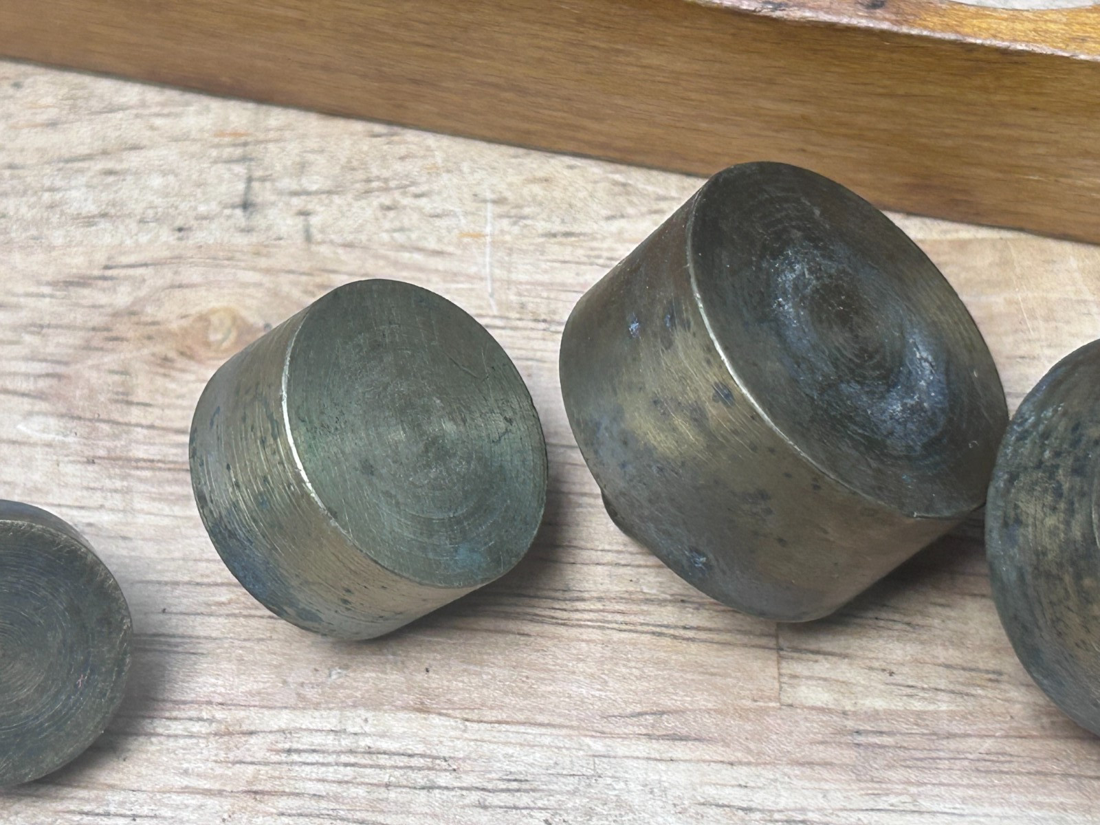 Apothecary Brass Balance Scale Weights Vintage w/ Wooden Block – Missing 1 Pc