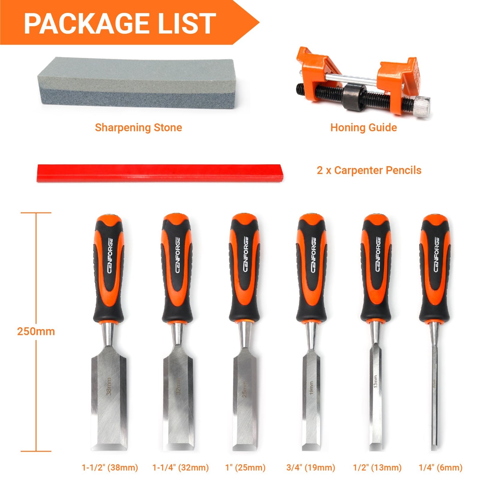 10-Piece Wood Chisel Set – Professional Cr-V Steel Bevel Edge Tools, Honing Guid