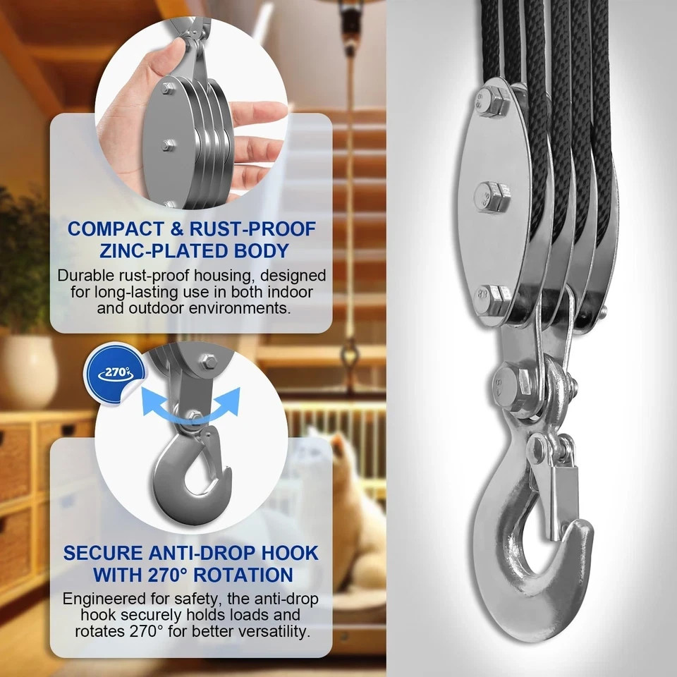 Block and Tackle Pulley System, Upgraded 4-Wheel Rope Pulley Hoist, 8:1 Lifti…