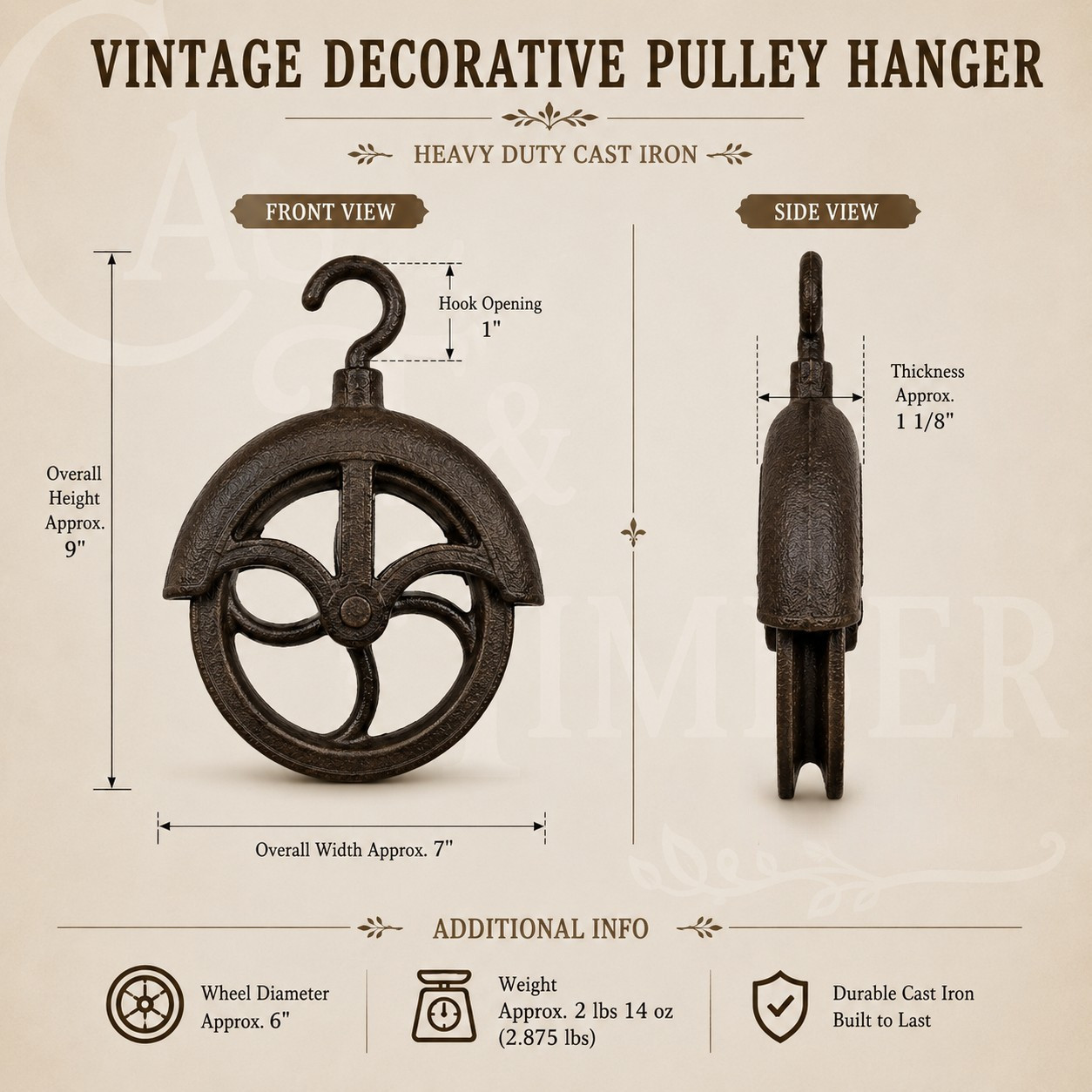 Cast Iron Decorative Barn Pulley Plant Hanger Rustic Farmhouse Decor 9″