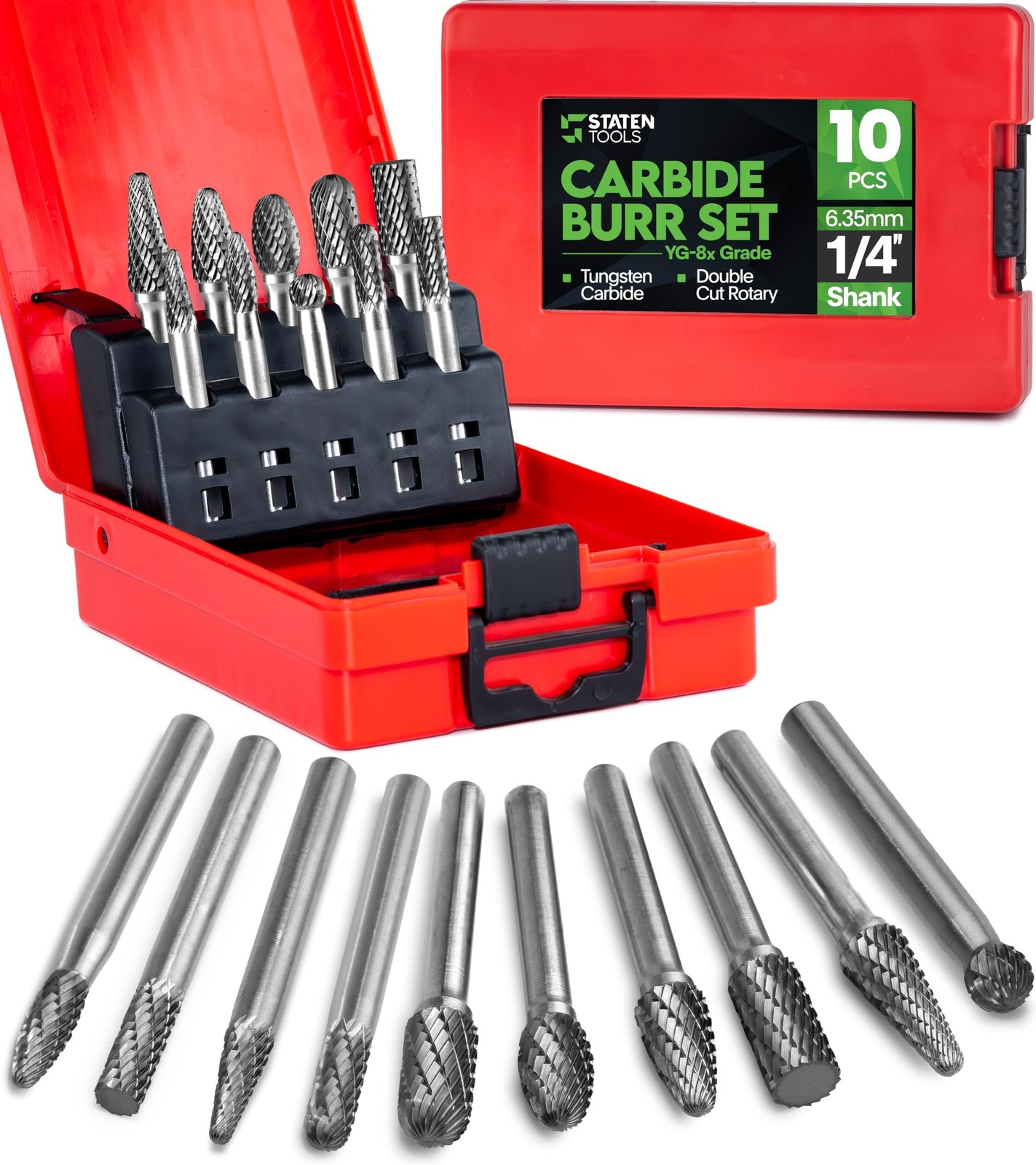 Carbide Burr Set 1/4″ (6.35mm) Shank – 10 Pcs Double Cut Die Grinder Bits for…
