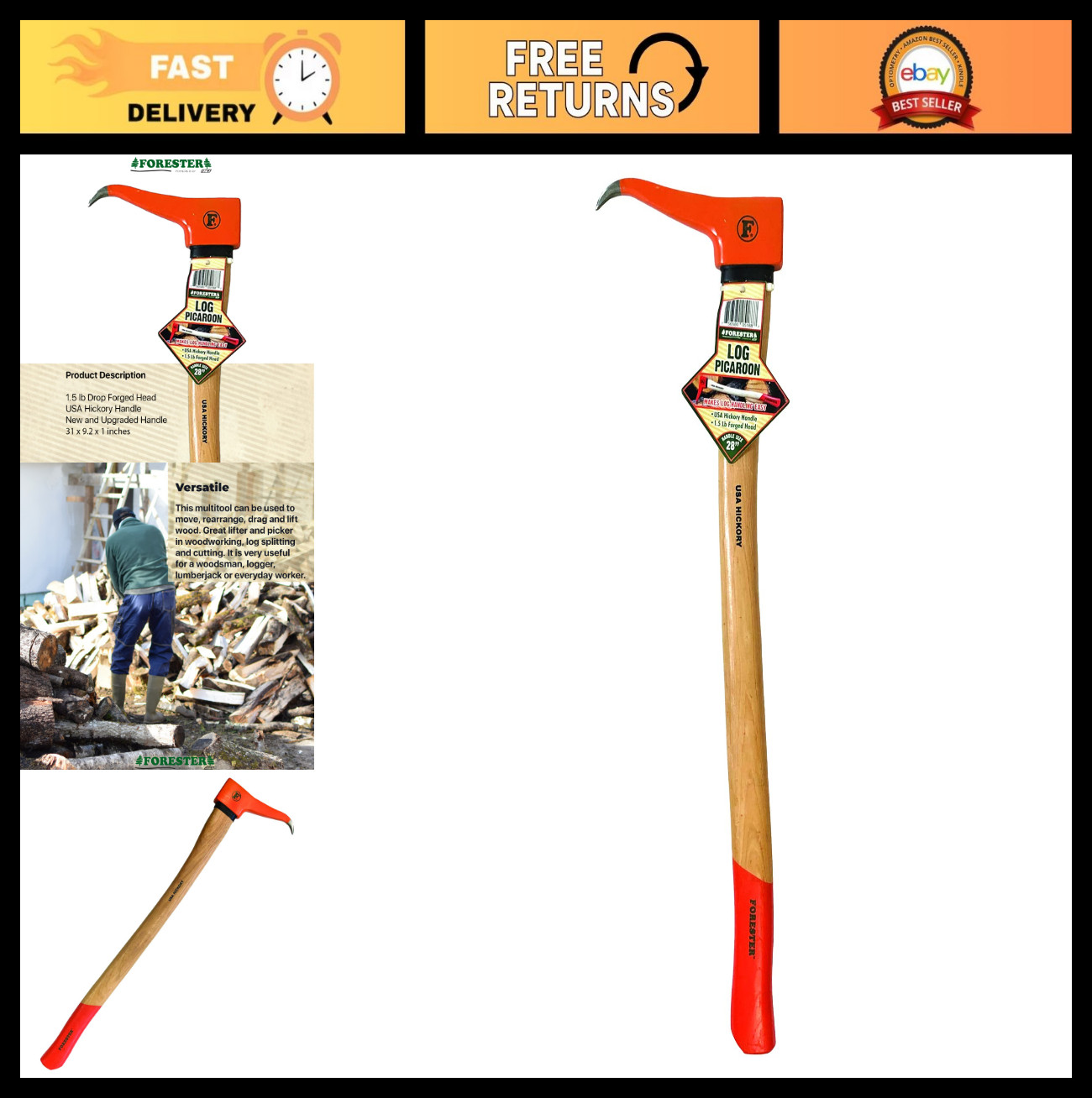 Heavy-Duty Pickaroon Logging Tool | Hickory Handle Hookaroon | Log Roller & Fore