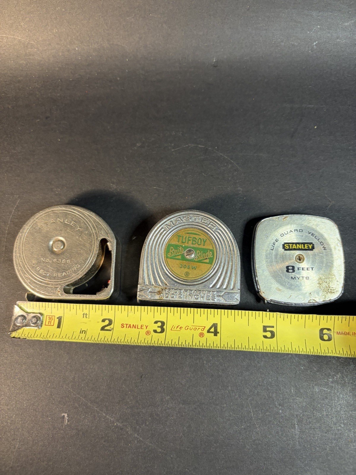 3 Vintage Tapes Measures Stanley MYT8, 6386 & Master Tufboy 308w