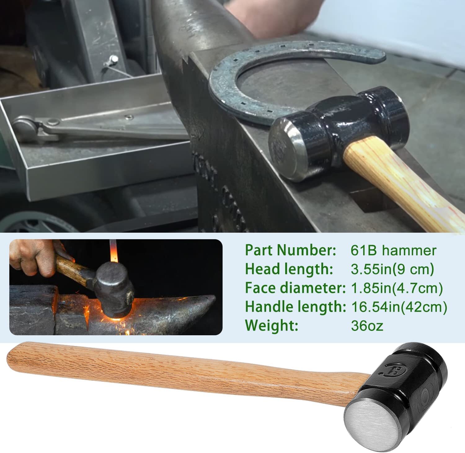36OZ Rounding Hammer (61B hammer) for Handmade Farrier Forge Tool,16.5 inches