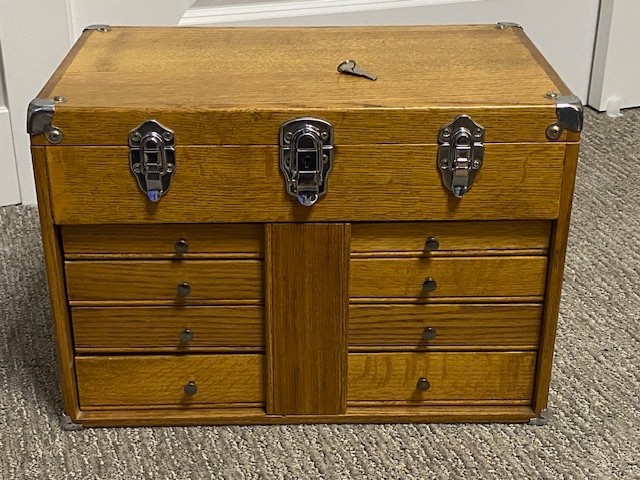 Vtg Grizzly Solid Red Oak 6 Drawer Felt Lined Machinist Tool Box 18″x 13″x 11″