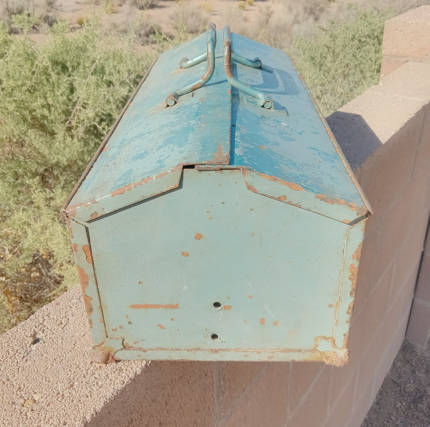 Antique RADNOR? METAL Hip Roof TOOLBOX with TRAY Tombstone USA Vintage