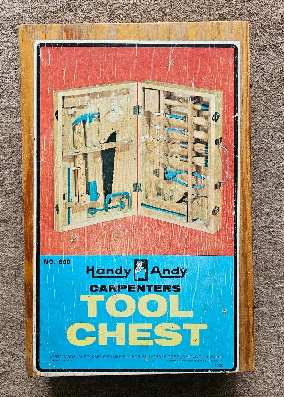 VINTAGE HANDY ANDY CARPENTERS WOOD WORKING TOOL CHEST NO. 600 W/ 4 TOOLS