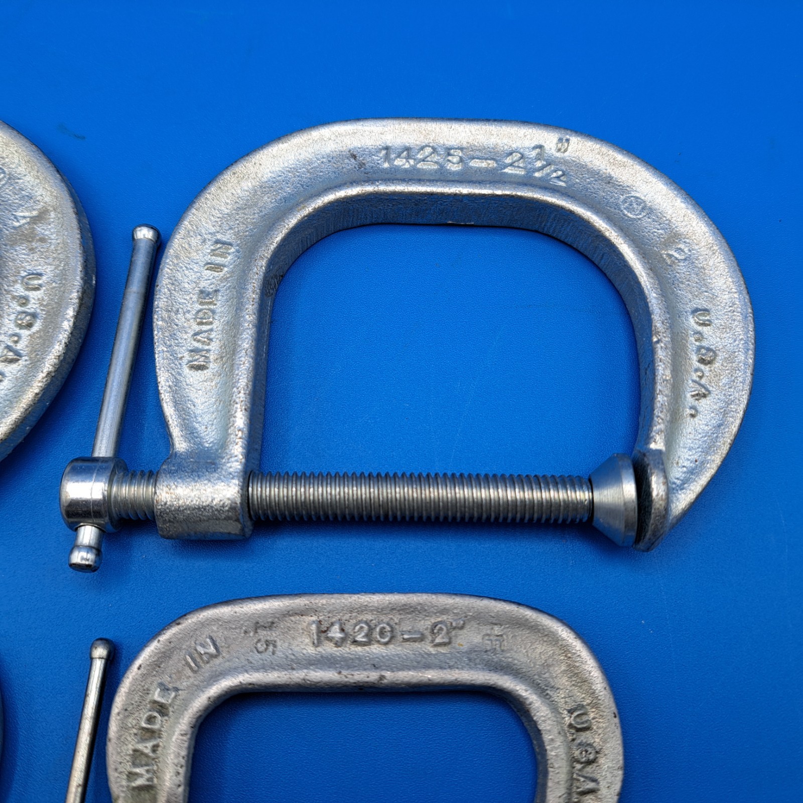 Lot of 6 Vintage Adjustable 1 1/2, 2, 2 1/2″ C Clamps, No 1415, 1420, 1425, USA