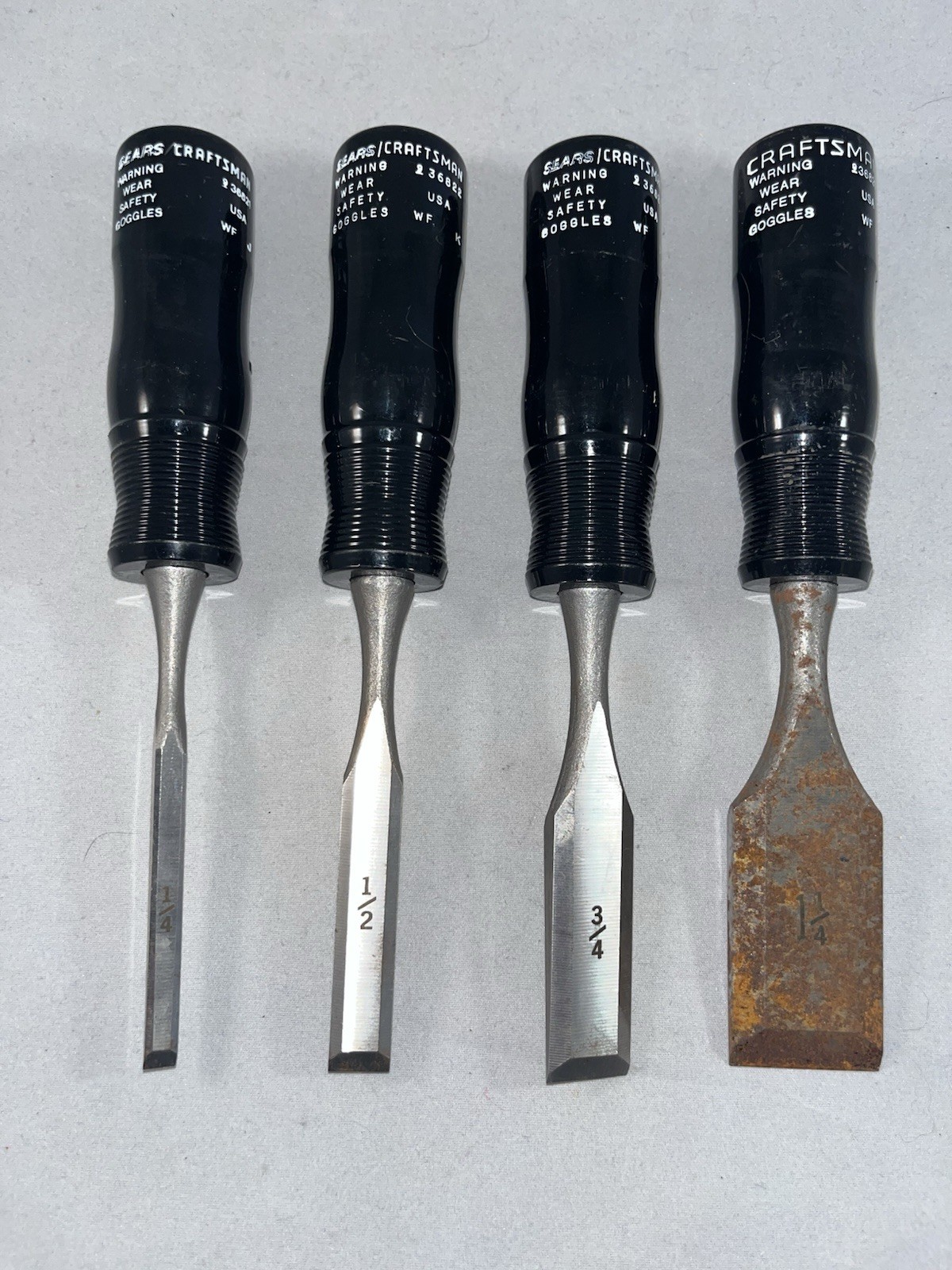 Vintage Black Craftsman Bevled Butt Chisel Set 1/4, 1/2, 3/4 & 1 1/4″ WF