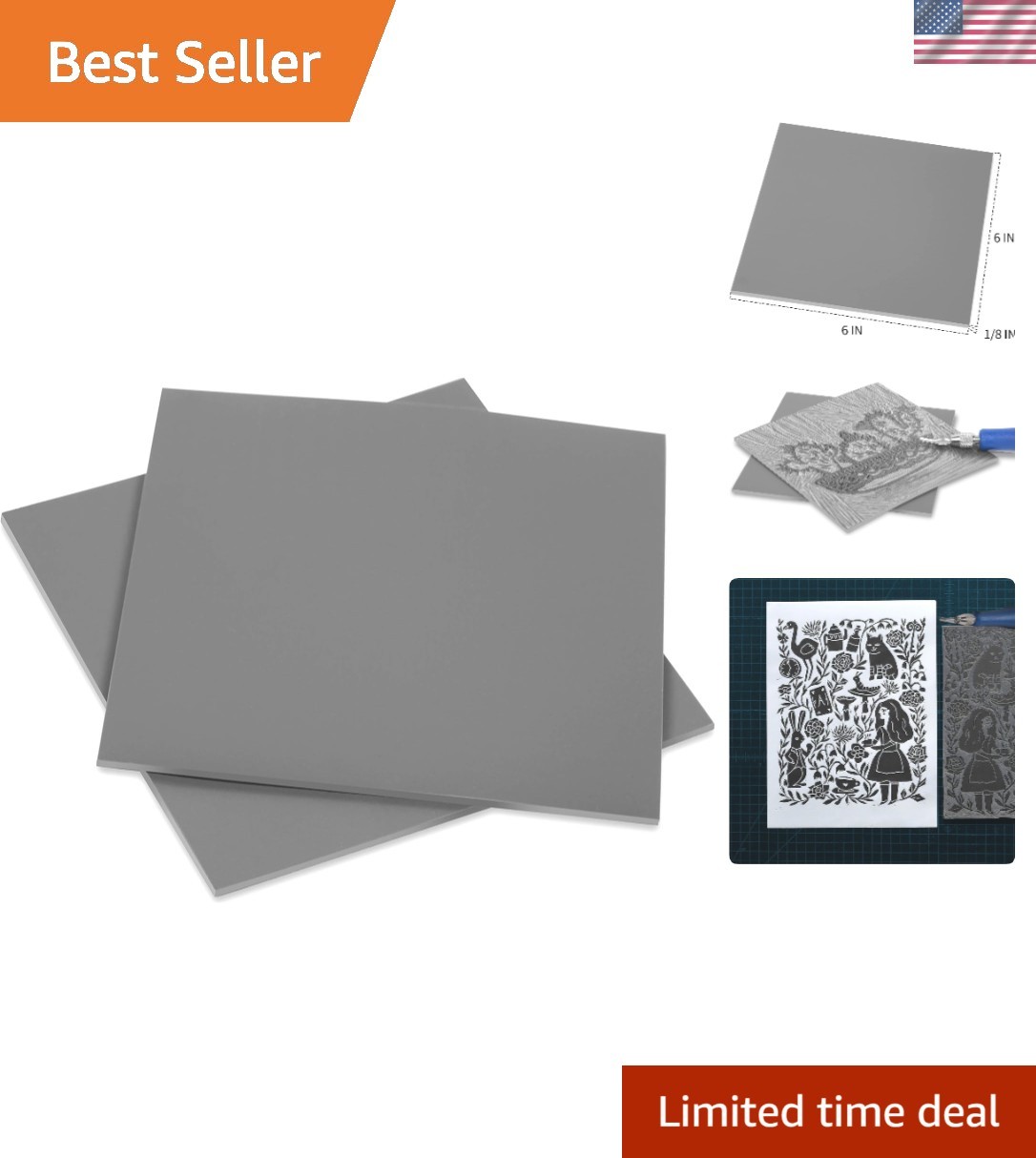 Easy-Cut Soft Linoleum Blocks 6″x6″ – Ideal for Detailed Printmaking, 2-Pack