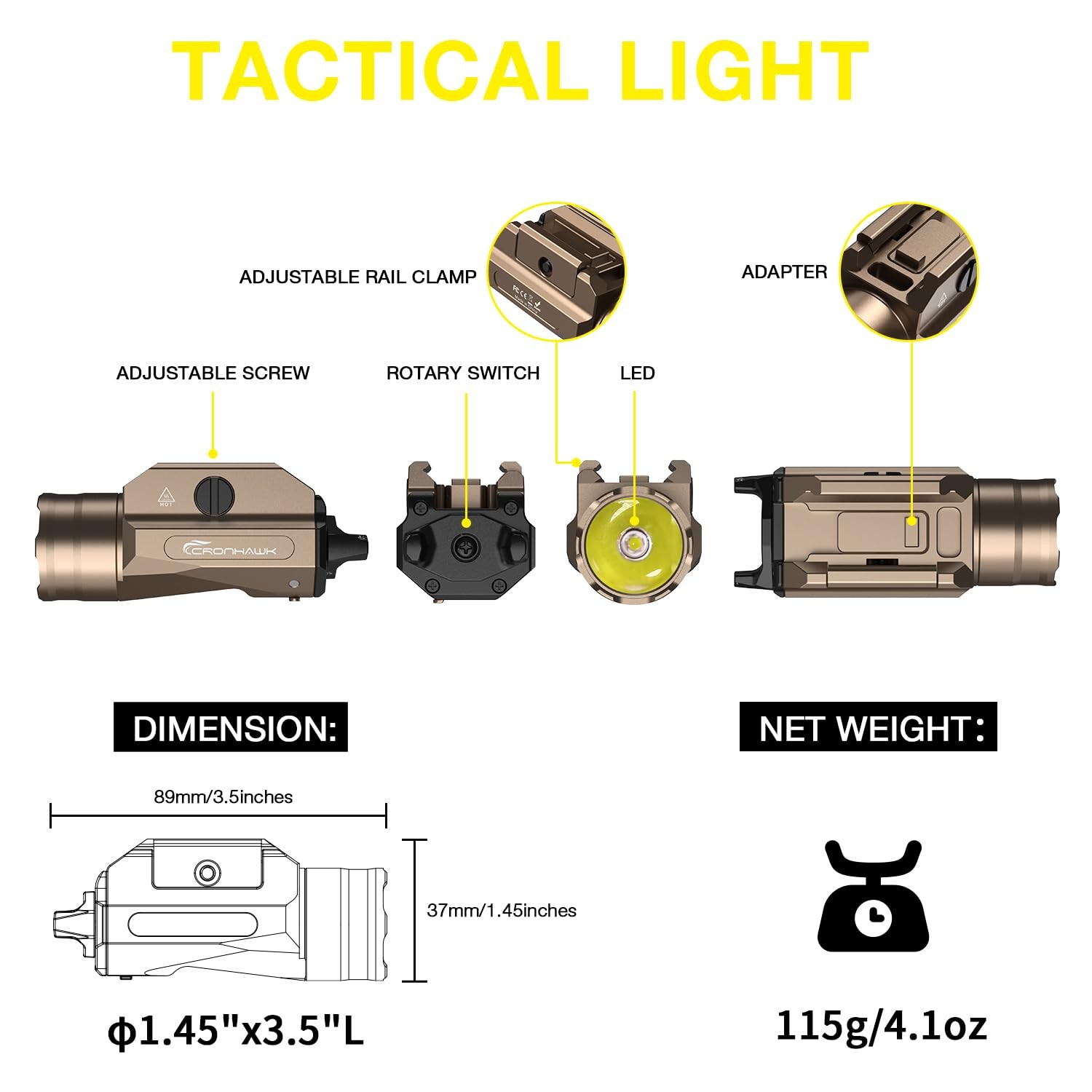 CRONHAWK Rechargeable Pistol Light, 1350 Lumen 3.5″D x 1.45″W x 1.45″H, FDE