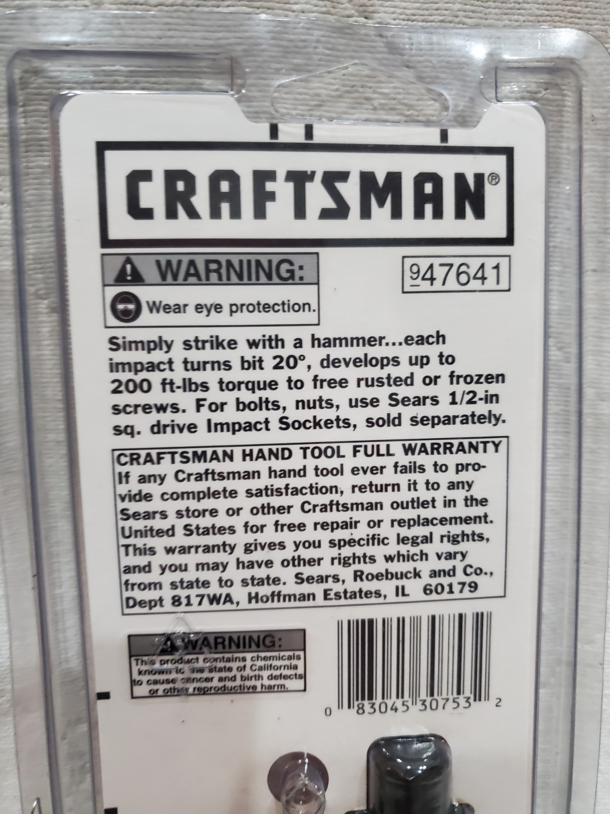 Craftsman 947641 Hand Impact Tool Set w/Chuck & Bits 9-47641 Sears Made USA 1/2”