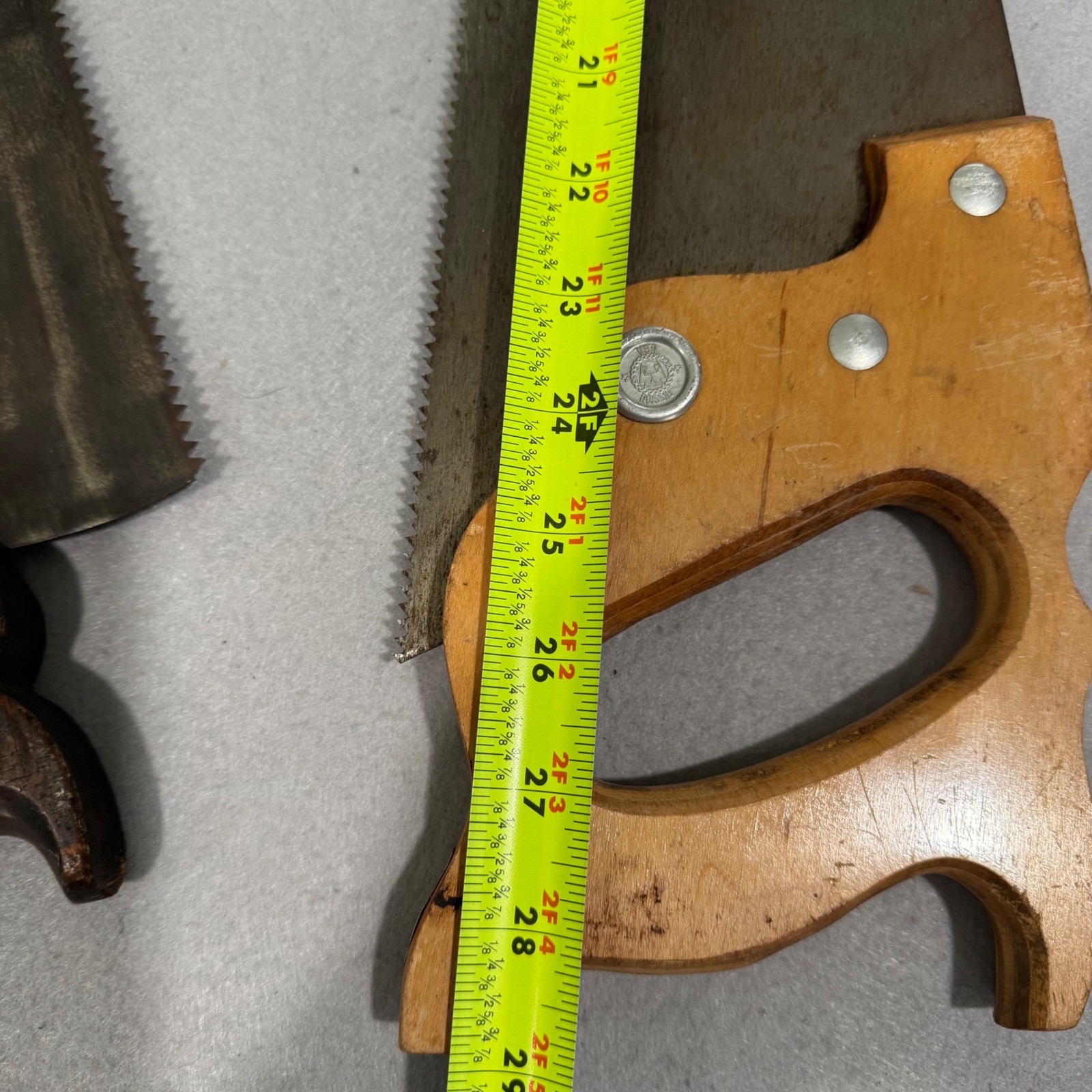 Disston Hand Saw Set 2pc Vintage Brown Wood Townsman T-1 8 Point Carved Handle
