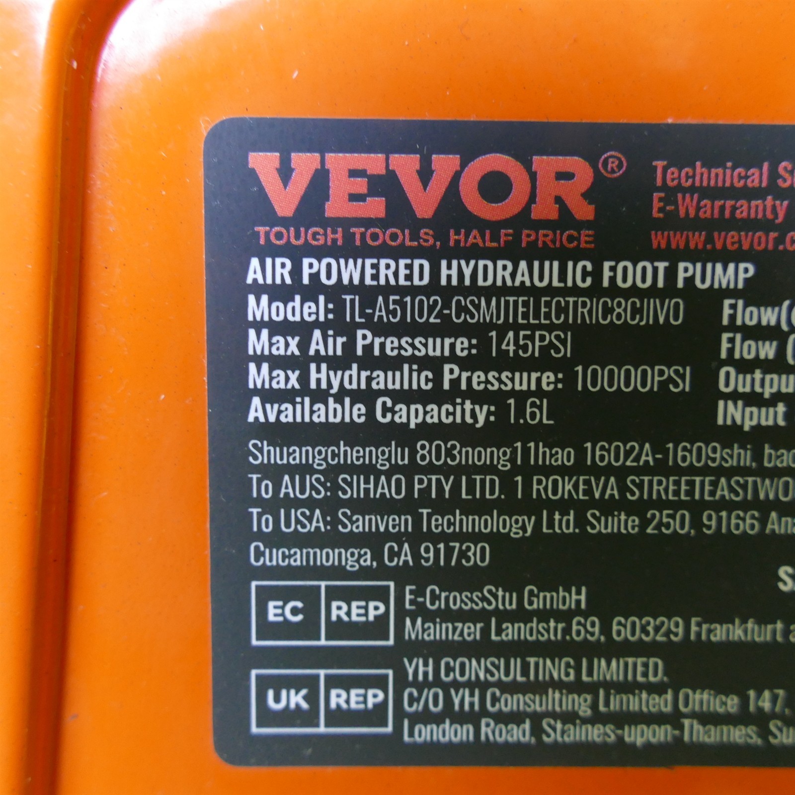 VEVOR Air Hydraulic Pump 10,000 PSI ½ Gal Reservoir, NPT ⅜” Oil Outlet ¼” Inlet