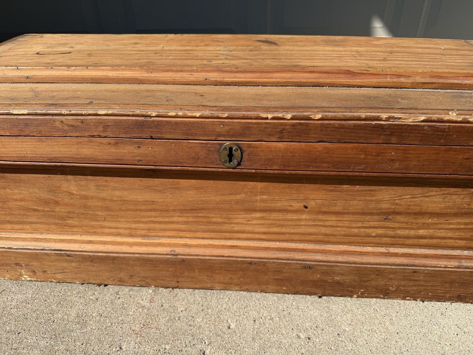 💙Antique Wood Carpenter Tool Chest Large Box 38″ L + Various Tools W/ Copper
