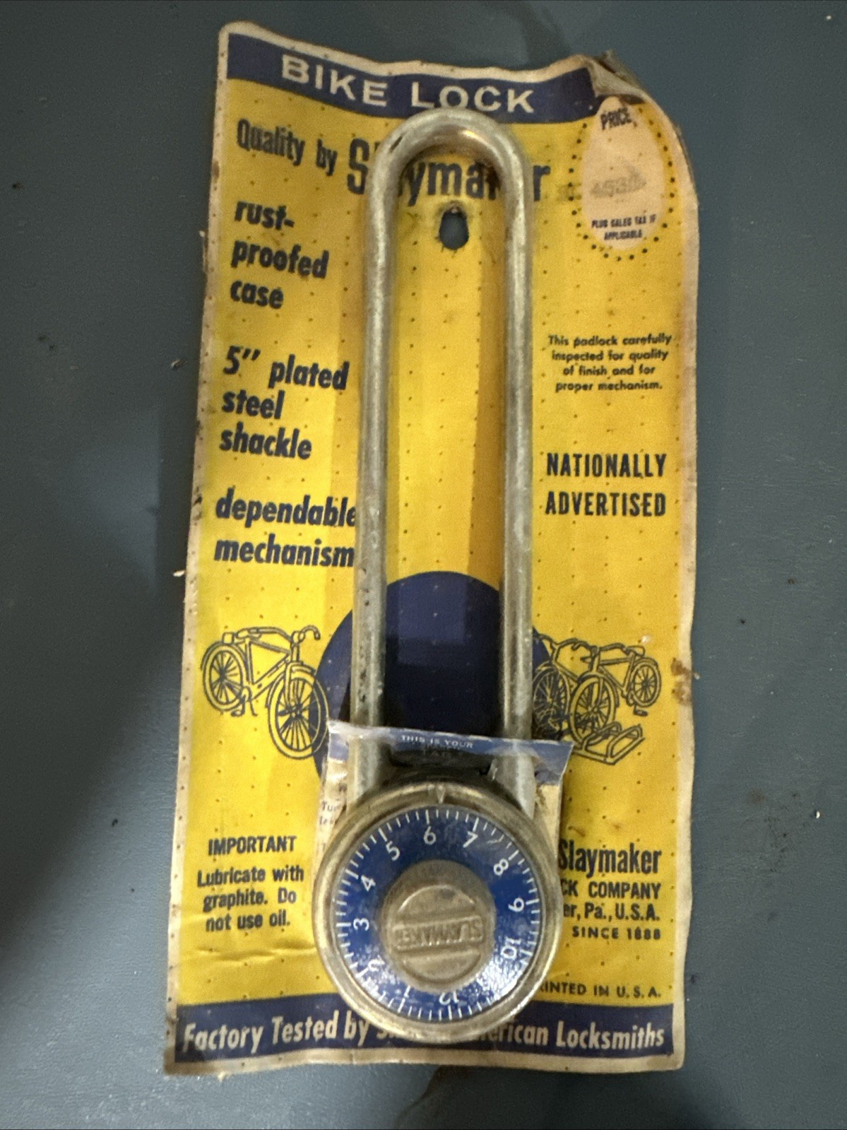 Vintage Slaymaker Bike Lock – Rust Proofed Combination – new sealed Blue On Gold