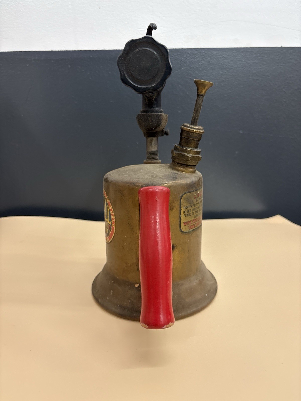 Vintage Wall Dreadnaught Brass Gasoline Blow Torch Red Handle Antique Decor USA