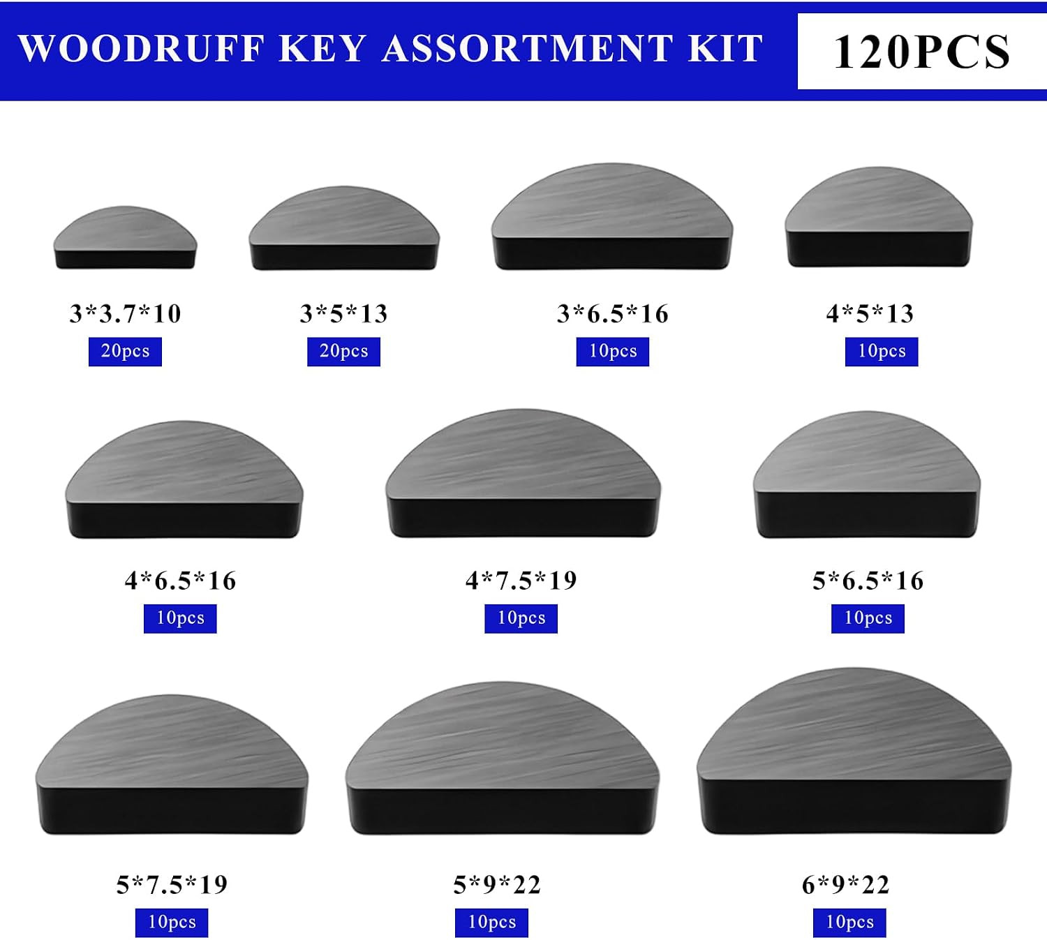 120PCS Woodruff Key Assortment Kit, 10 Sizes Carbon Steel Semicircle Bond Key