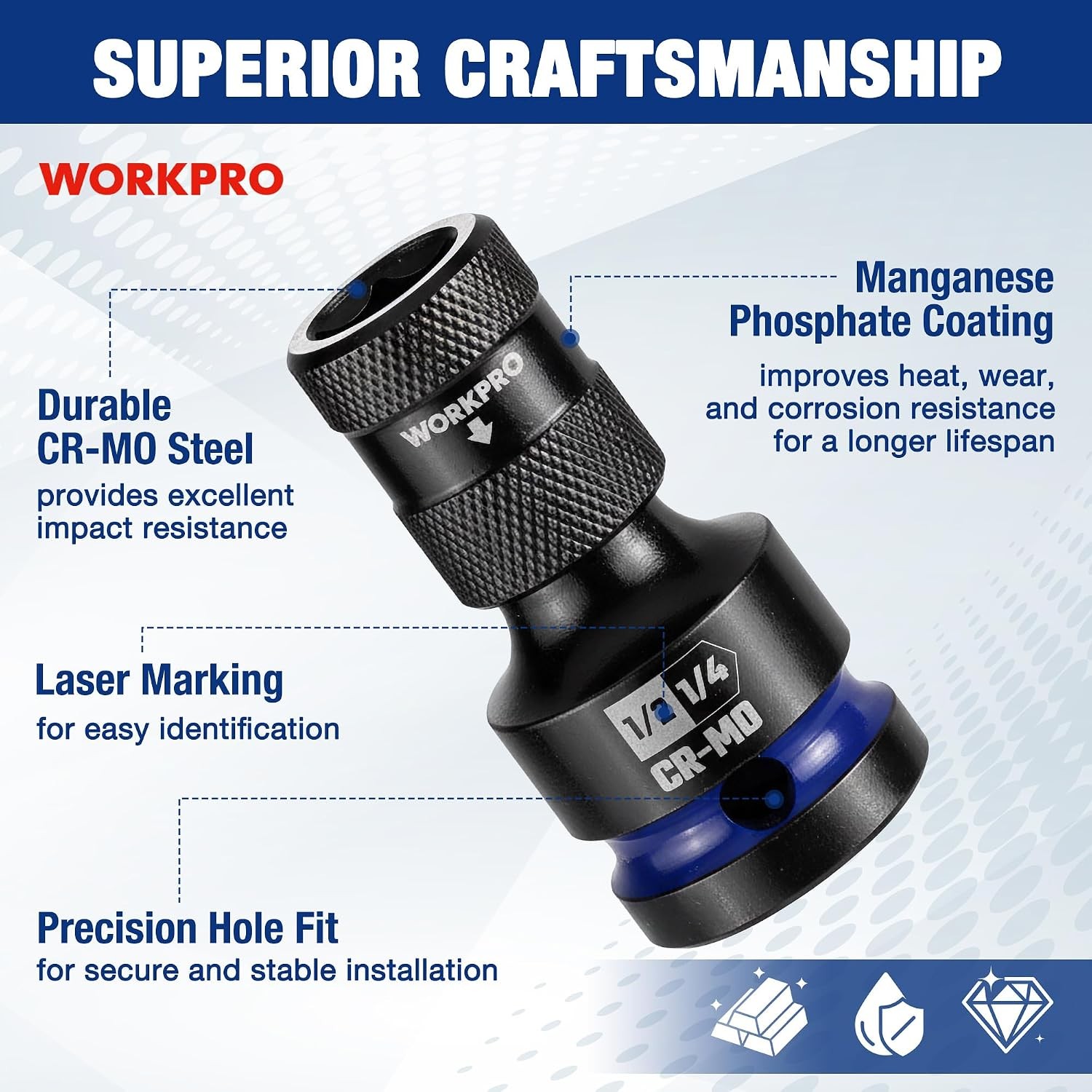 1/2 inch Drive to 1/4 inch Hex Quick Release CR MO Steel Adapter 1/2 inch