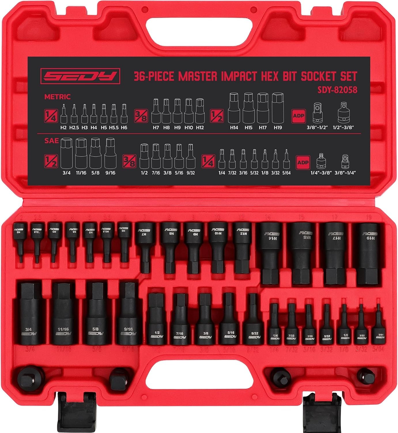 Hex Bit Impact Socket Set: 36-Piece with 4 Adapters, 1/4″ 3/8″ 1/2″ Drive Master