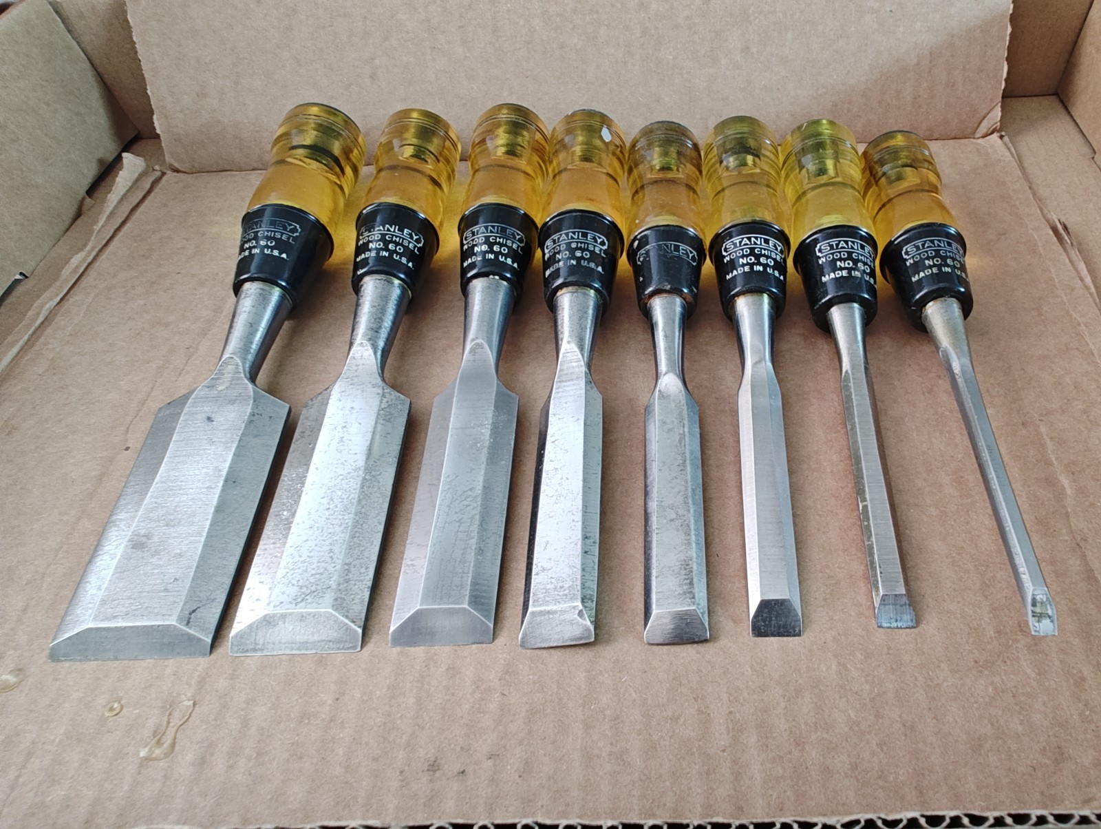 Vintage Set of Eight STANLEY No. 60 Wood Chisels – 1/4″ to 1 1/2″ USA