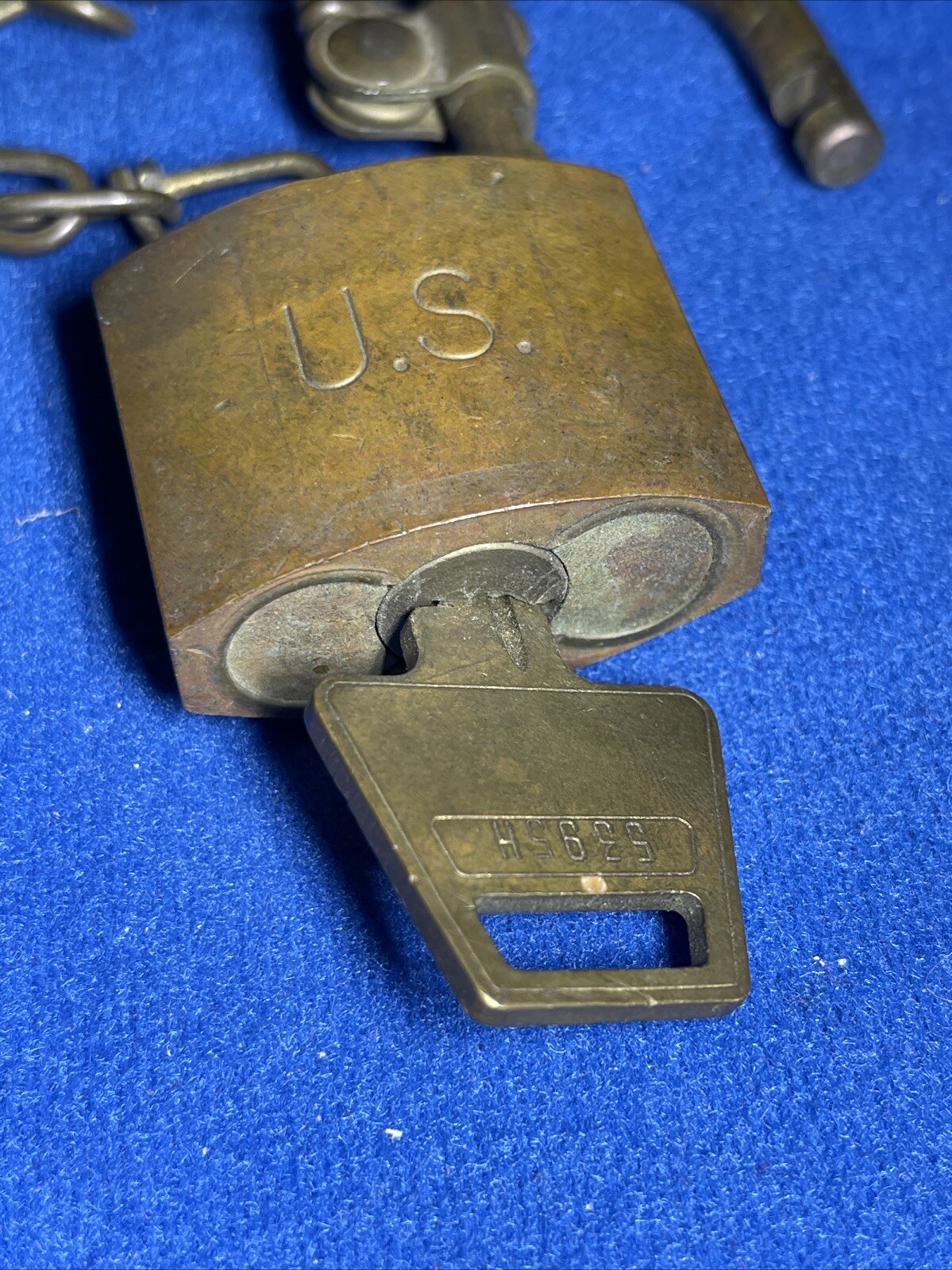 Vintage American Lock Company U.S. Military Brass Padlock w/ Key + Chain WORKS!
