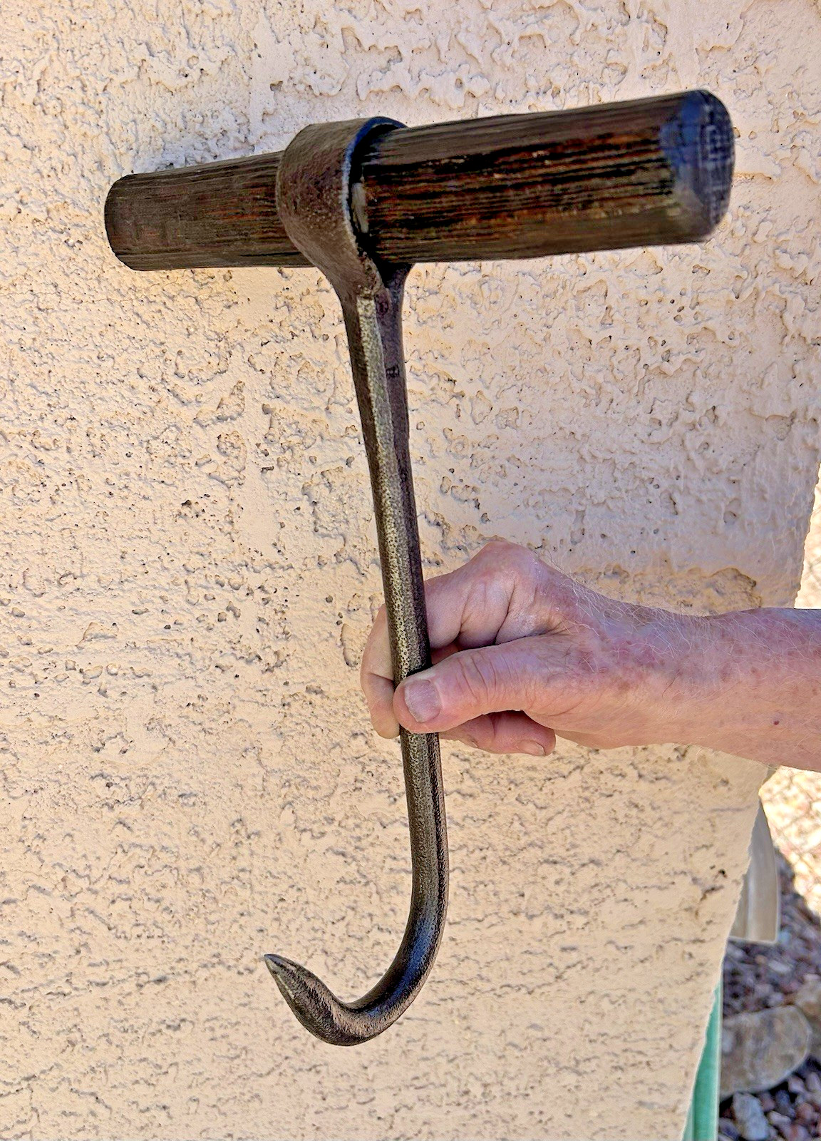 Primitive Antique Hay Bale Hook Wood T Handle Forged Iron Farm Tool Rustic 13″