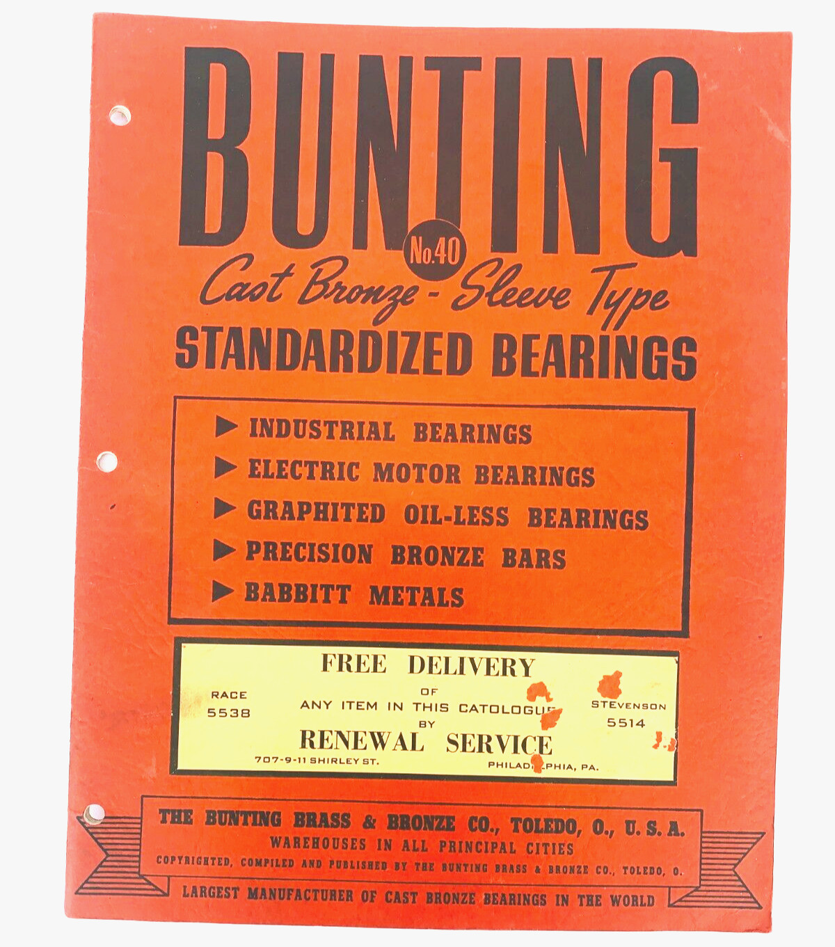 Bearings Catalog Bunting Inc. Products No. 40 Industrial History Vintage