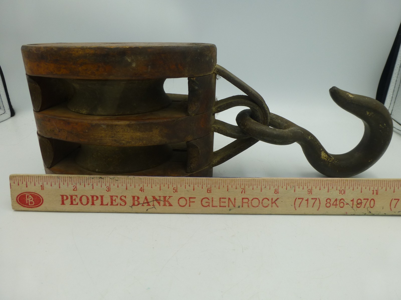Boston & Lockport Block Co Large Double Pulley w/ Cast Hook, Tag in Place