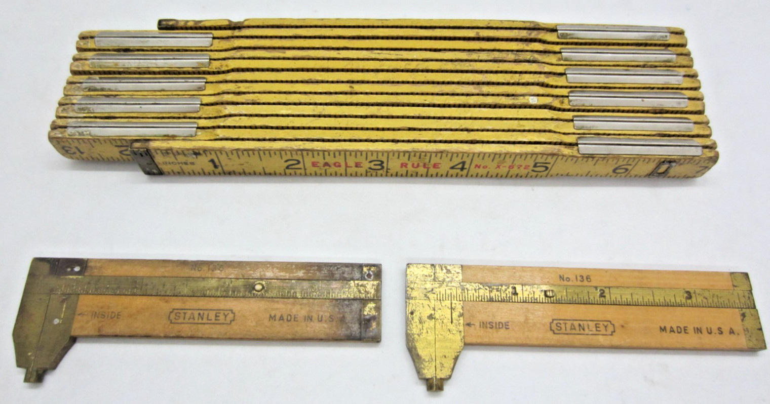 VINTAGE 2X STANLEY 4″ CALIPERS NO.136 & EAGLE RULE X-672 ZIG ZAG FOLDING RULER