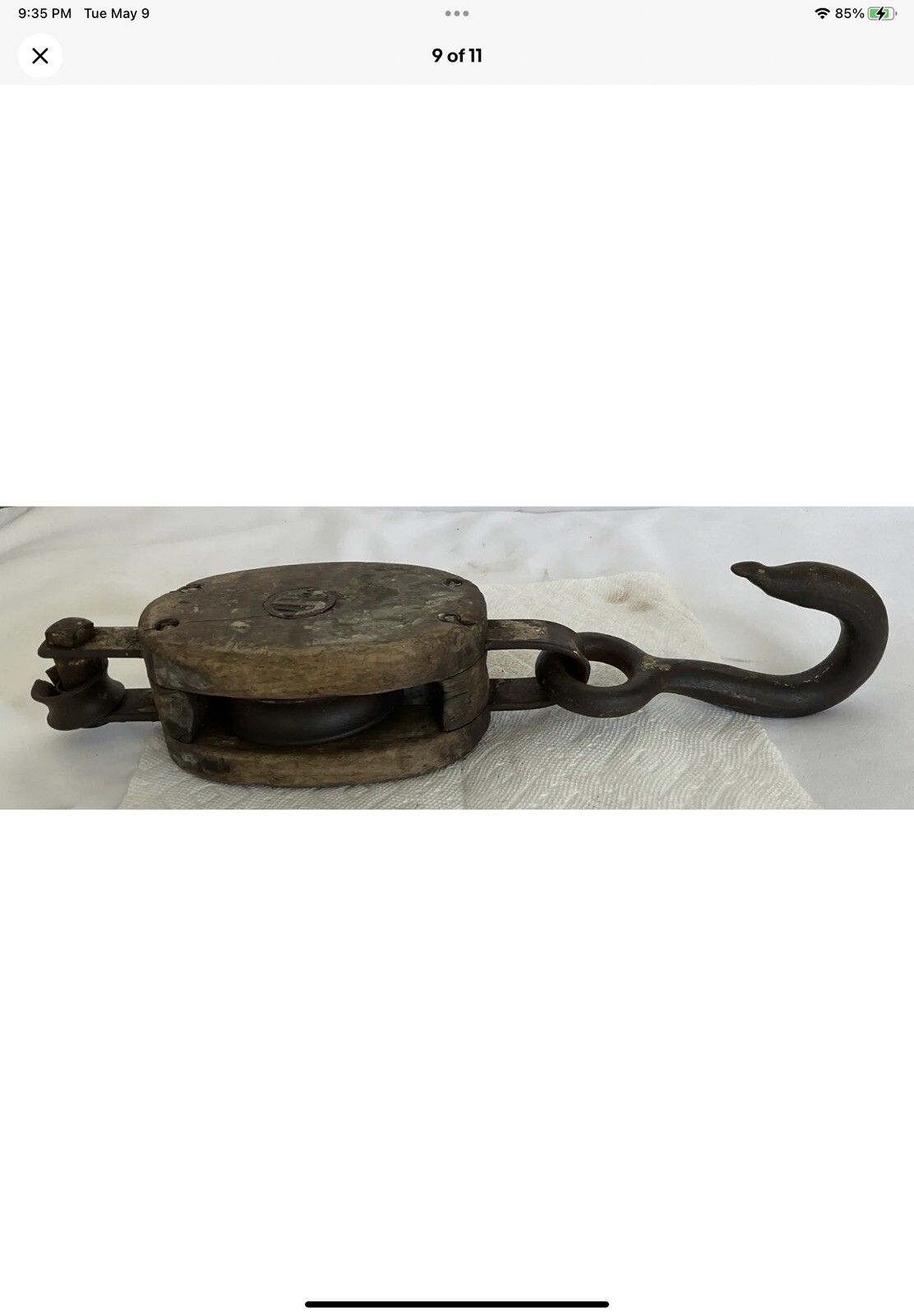 Vintage U-W Antique Farm Equipment Wooden Block Tackle Pully Hook /Great Display