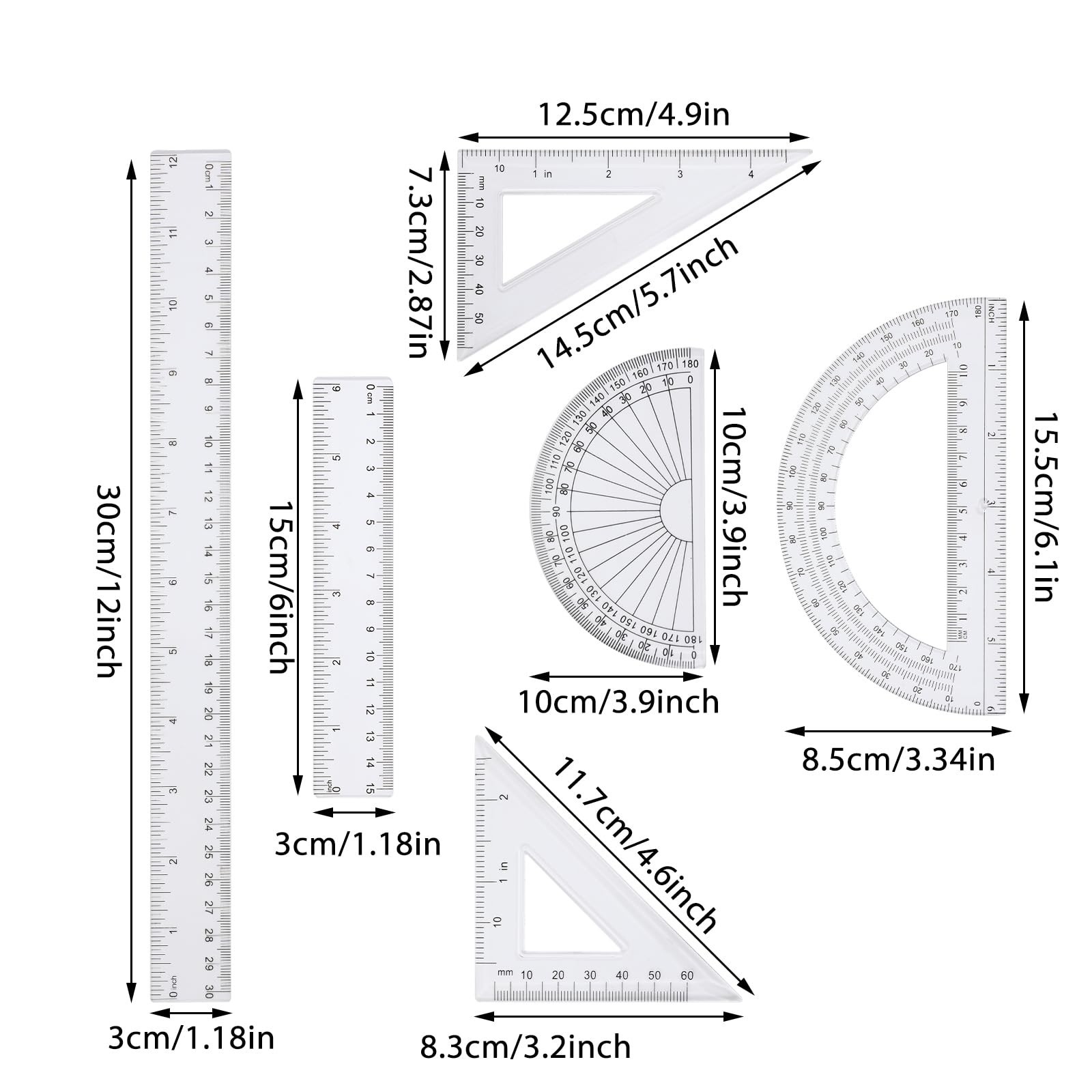 6 pcs Clear Ruler Protractor Rule Set, Includes 12 Inch 6 Inch Straight Ruler…