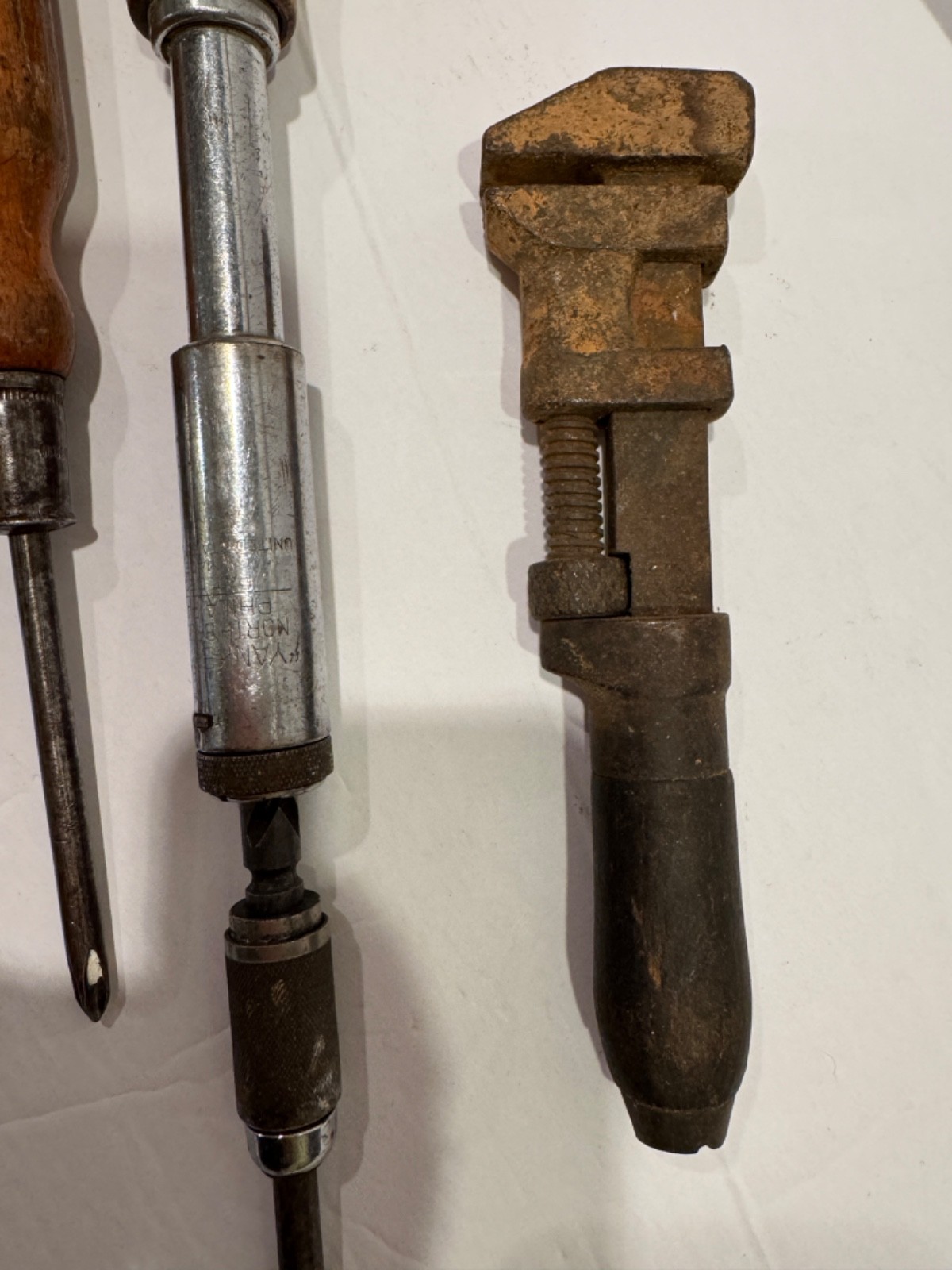 Vintage Wood Handle Tool Lot – Screwdrivers & Adjustable Wrench – Rustic Decor