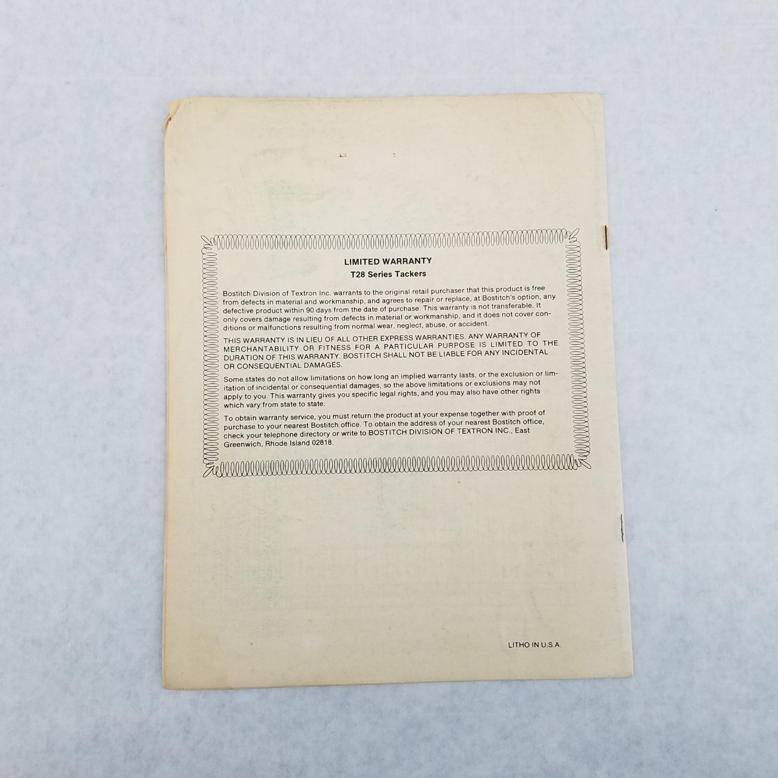 Vintage Bostitch Textron Model T28 Pneumatic Tacker O&M Manual – #BSA 1411 4/84