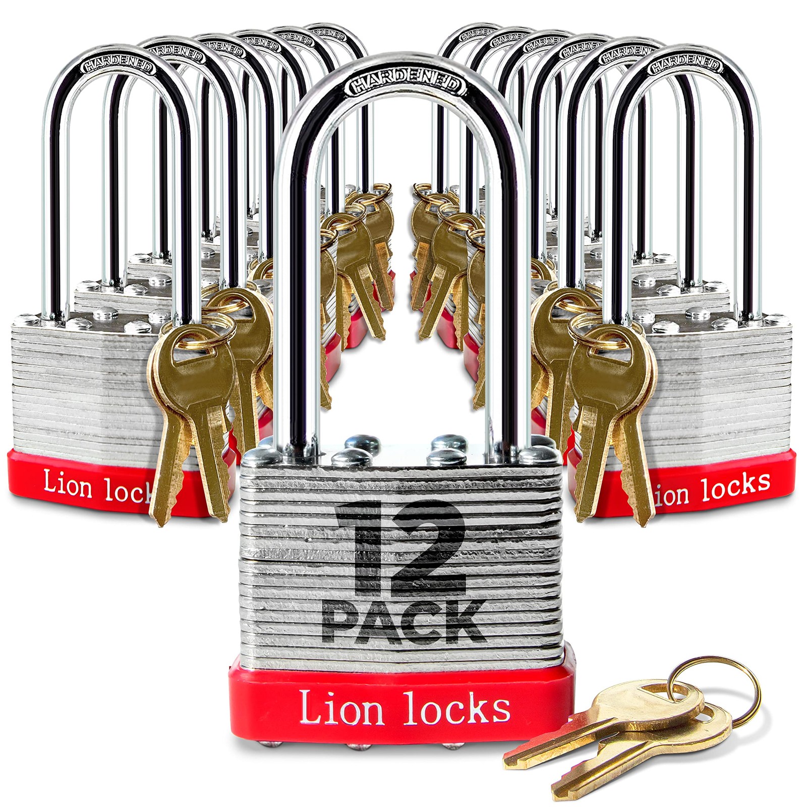 12 Keyed Alike Padlocks, 2″ Shackle, 24 Keys, Outdoor Use, Pick Resistant