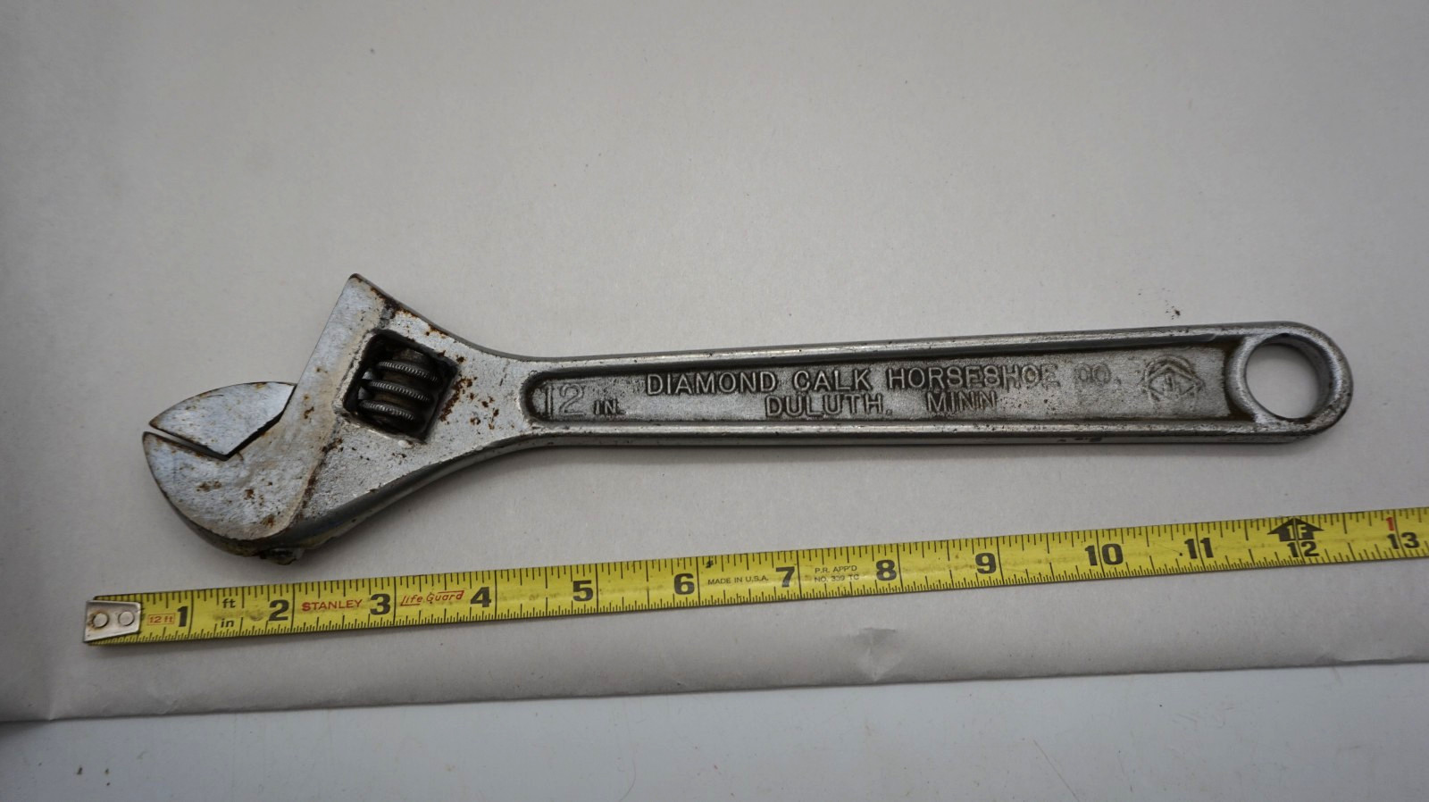 VINTAGE DIAMOND CALK & HORSESHOE 12″ ADJUSTABLE WRENCH MADE IN USA Free ship USA