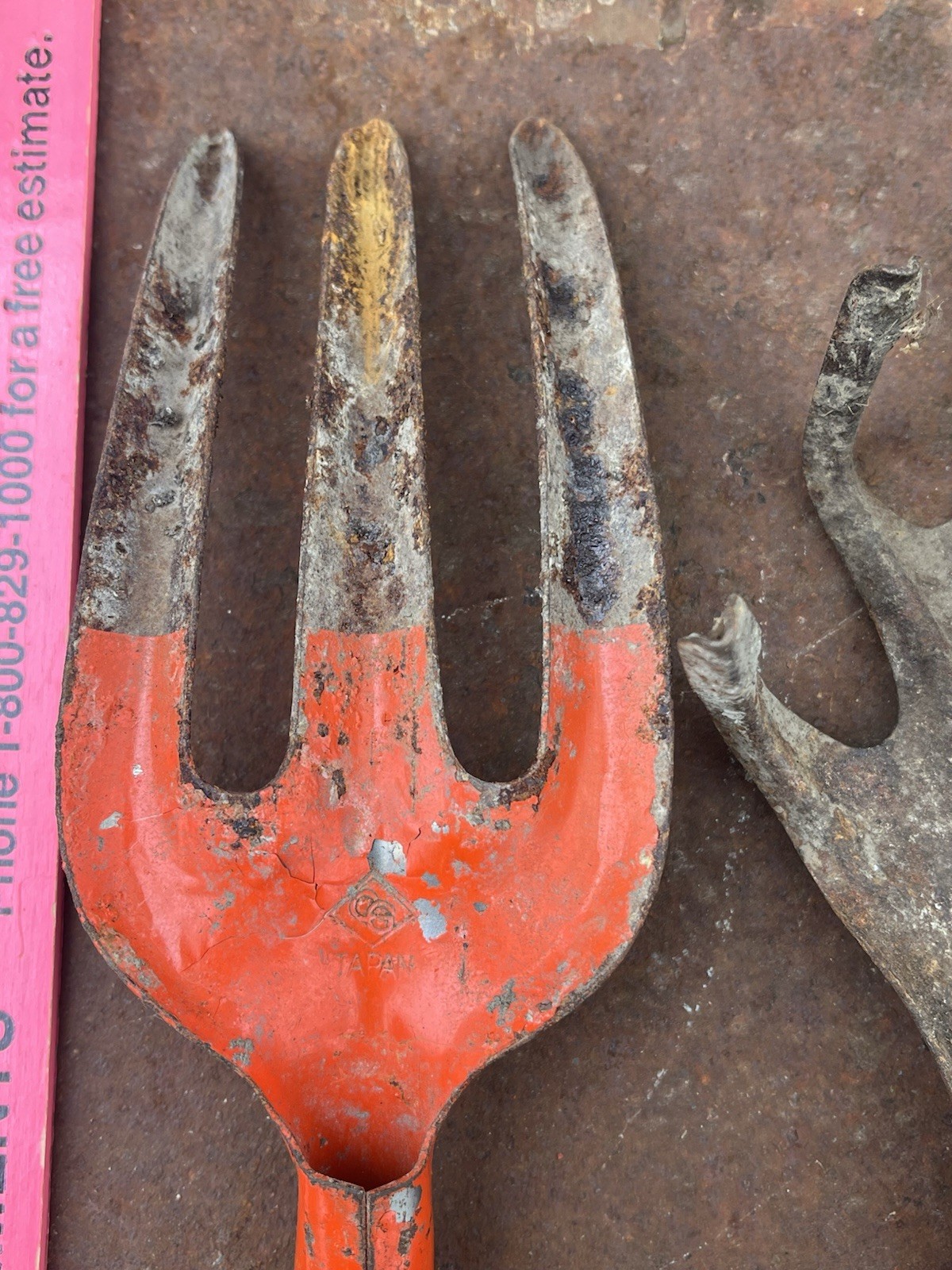 Vintage Pressed Steel Gardening Tool Hand Rake Fork Set