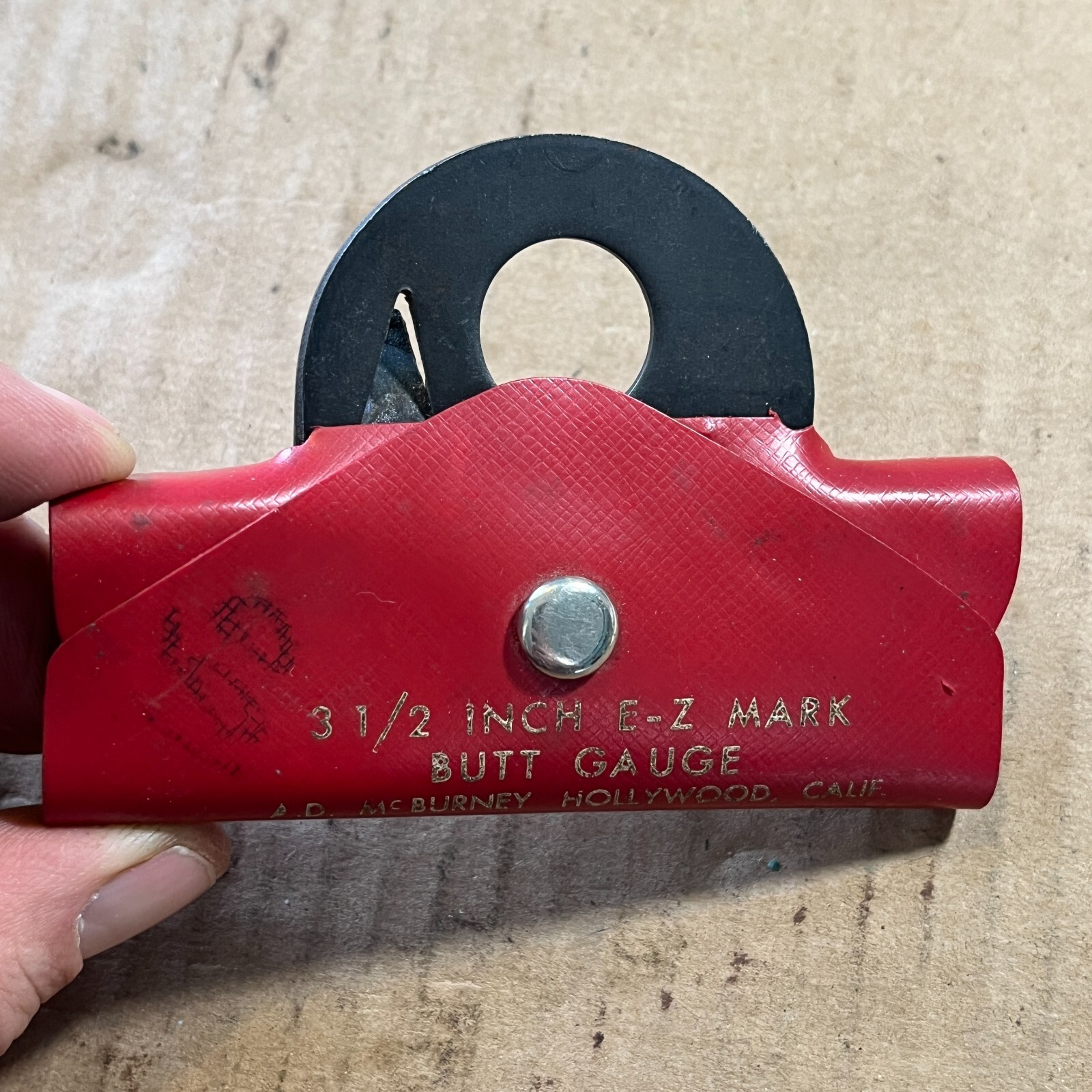 Vintage 3-1/2 Inch E-Z Mark Butt Gauge In Original Red Holder A.D. McBurney