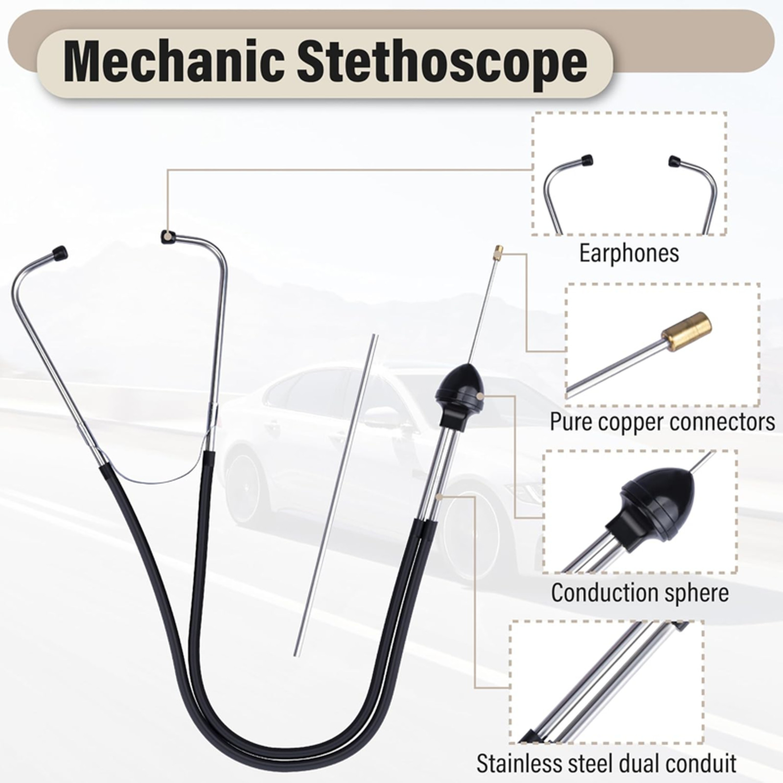 Automotive Stethoscope with Metal Probes 8.46 Inches Engine Diagnostic Tool for