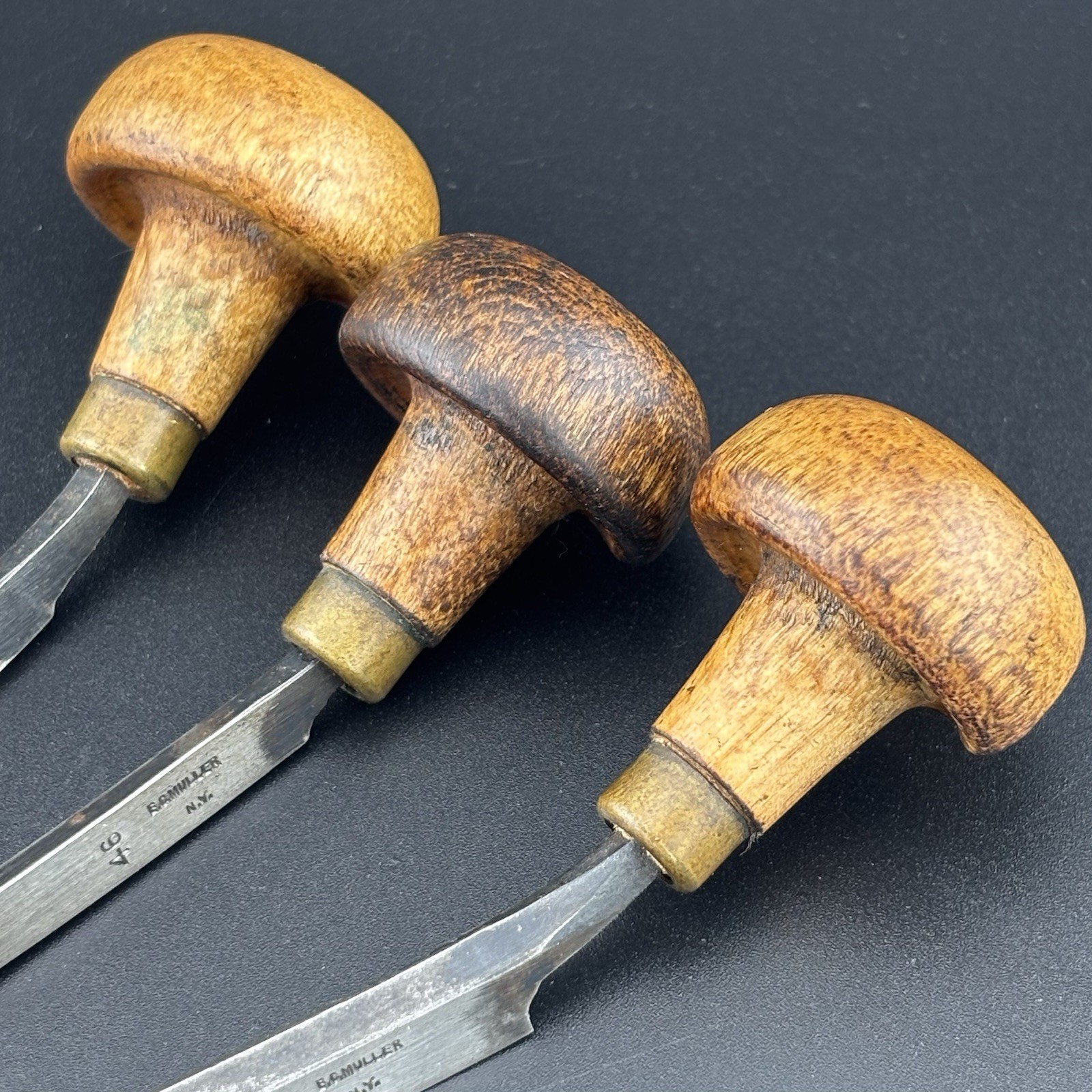 Antique E.C. Muller N.Y. Set of 3 Gravers, #2, 46, 61 Round Flat Knife Profiles
