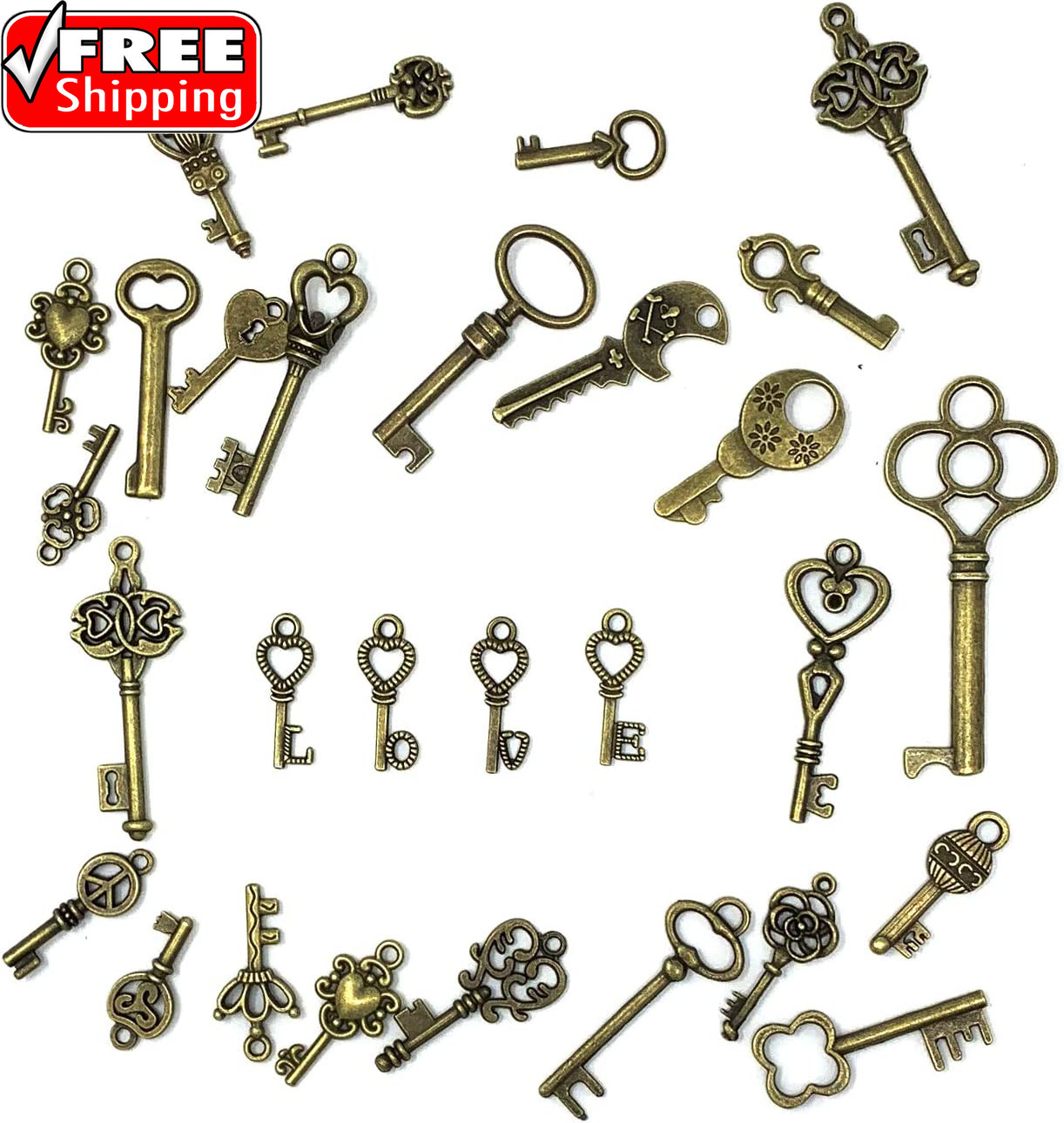 125 PCS Vintage Skeleton Key Set Charms, Mixed Antique Style Bronze Brass for P