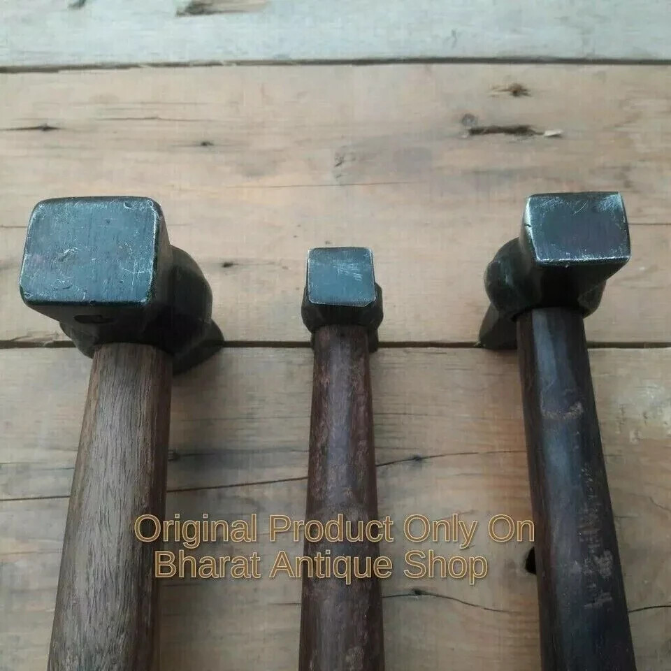 Set of 3 Black Iron Hammer Blacksmith Wooden Handle