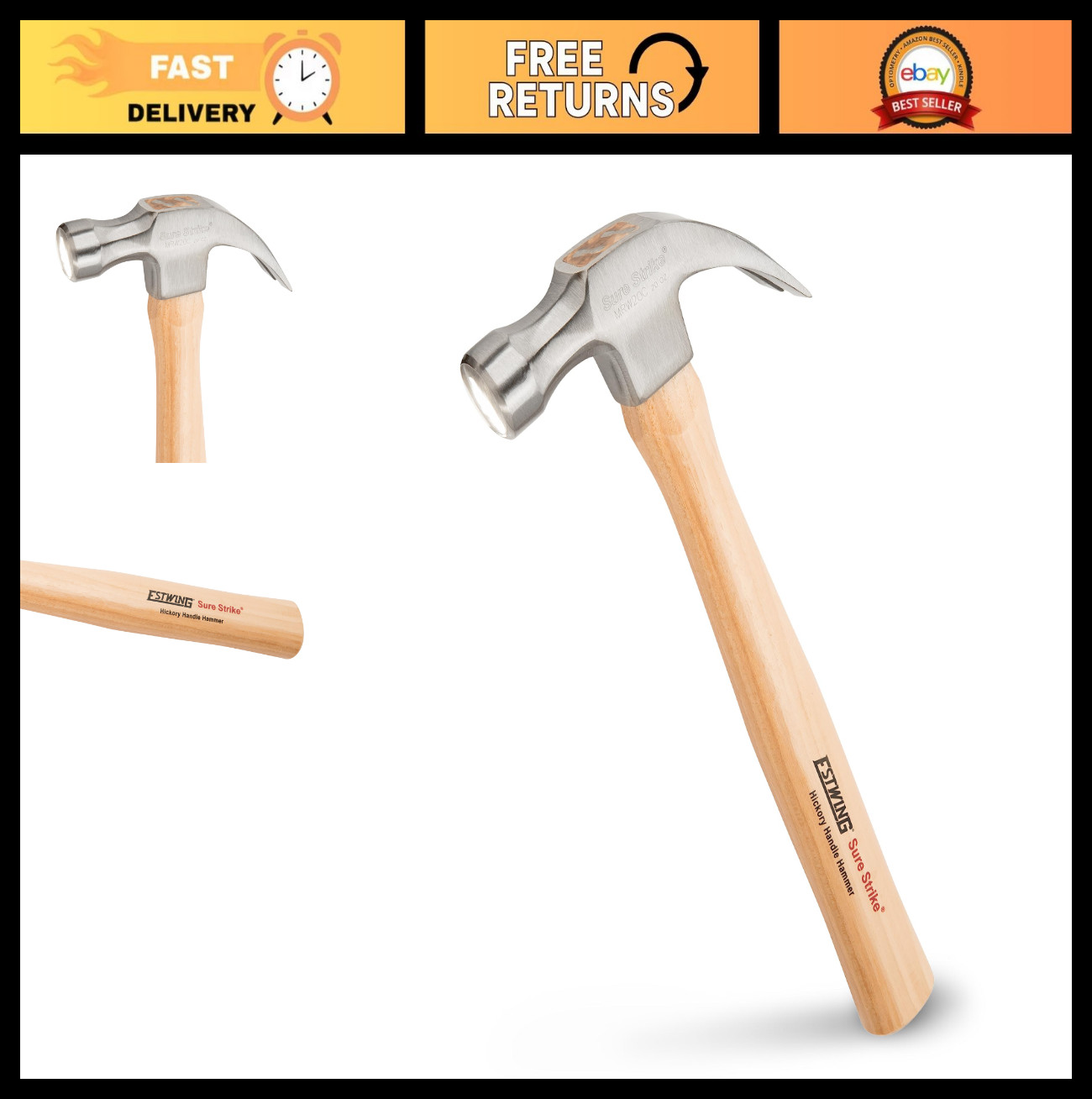 20 oz Curved Claw Hammer with Smooth Face, Hickory Handle – Heavy Duty Tool