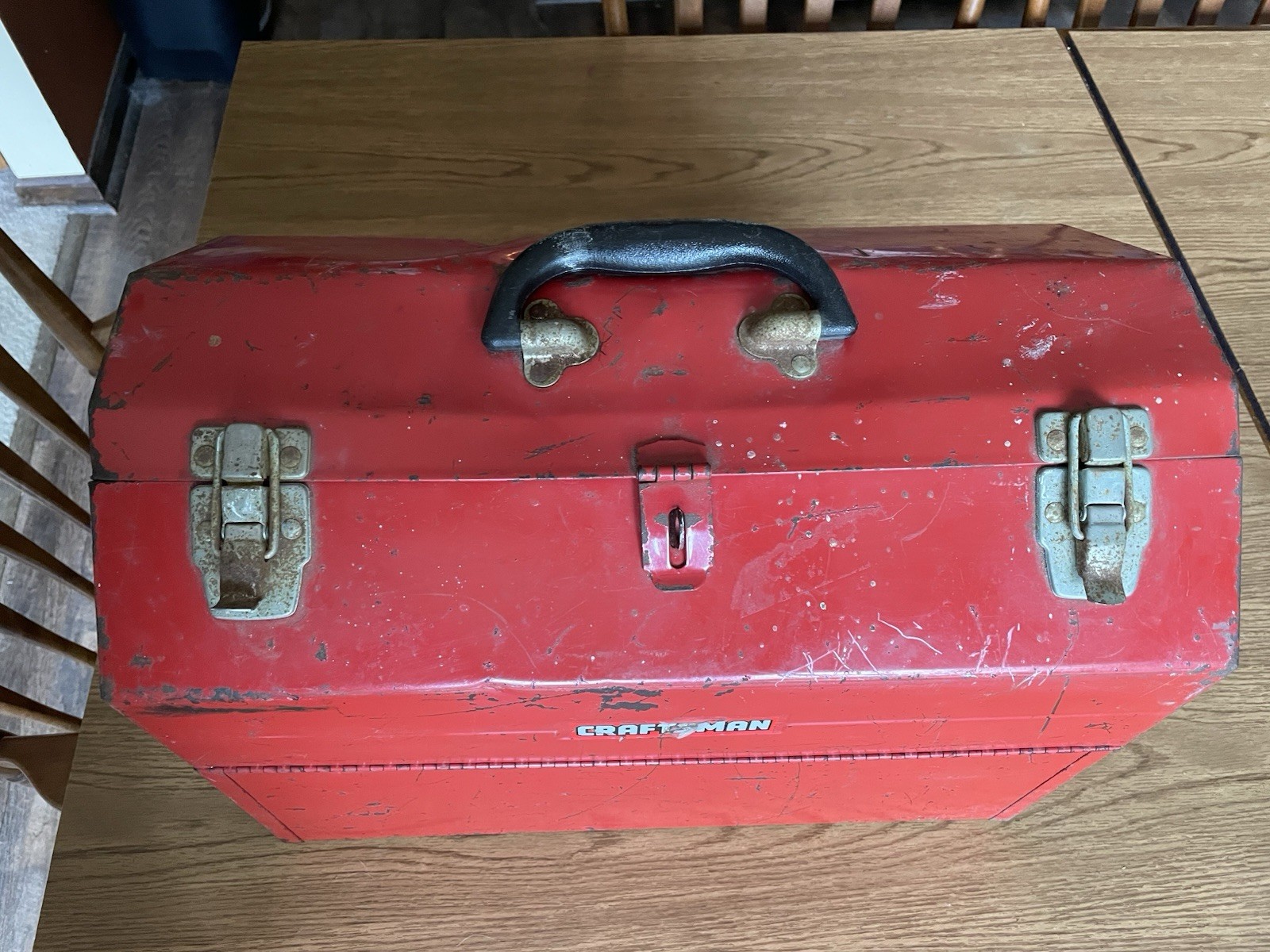 Vintage Craftsman Red #6536 Tombstone Metal Tool Box 4 Cantilever Roof Trays 18″