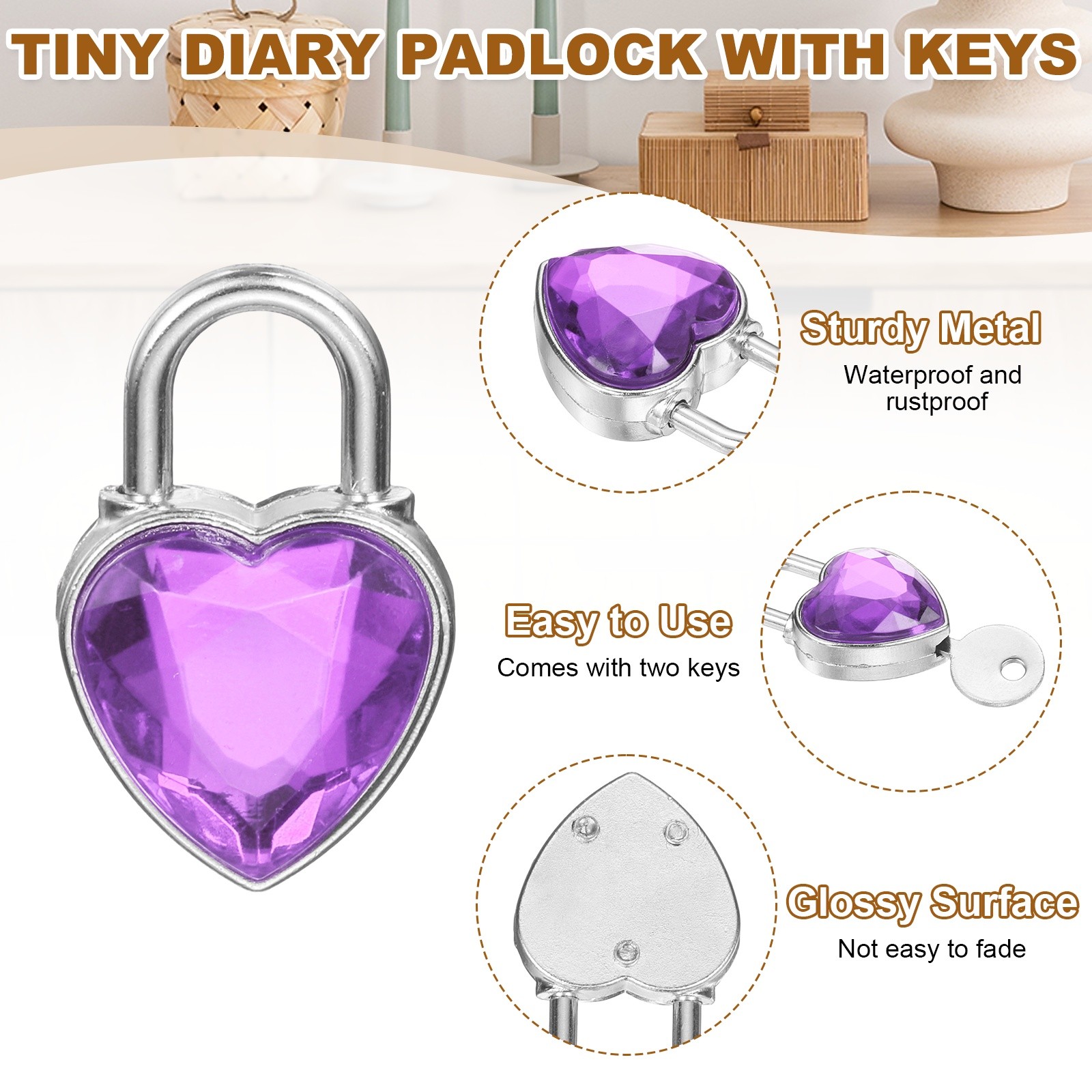 10Pcs Mini Diary Padlock, Small Heart Shaped Lock with 2 Keys Purple
